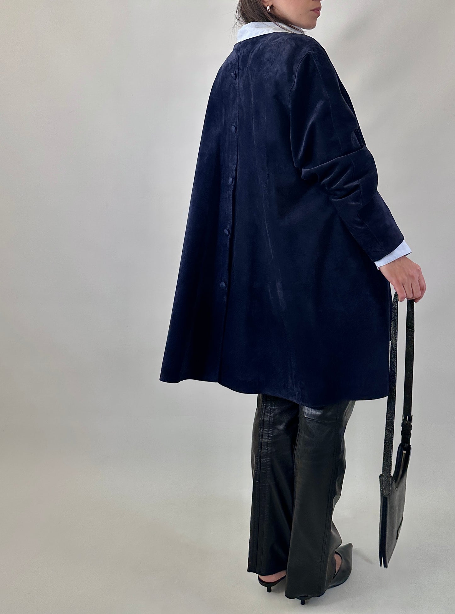 Vintage suede coat with back button detail