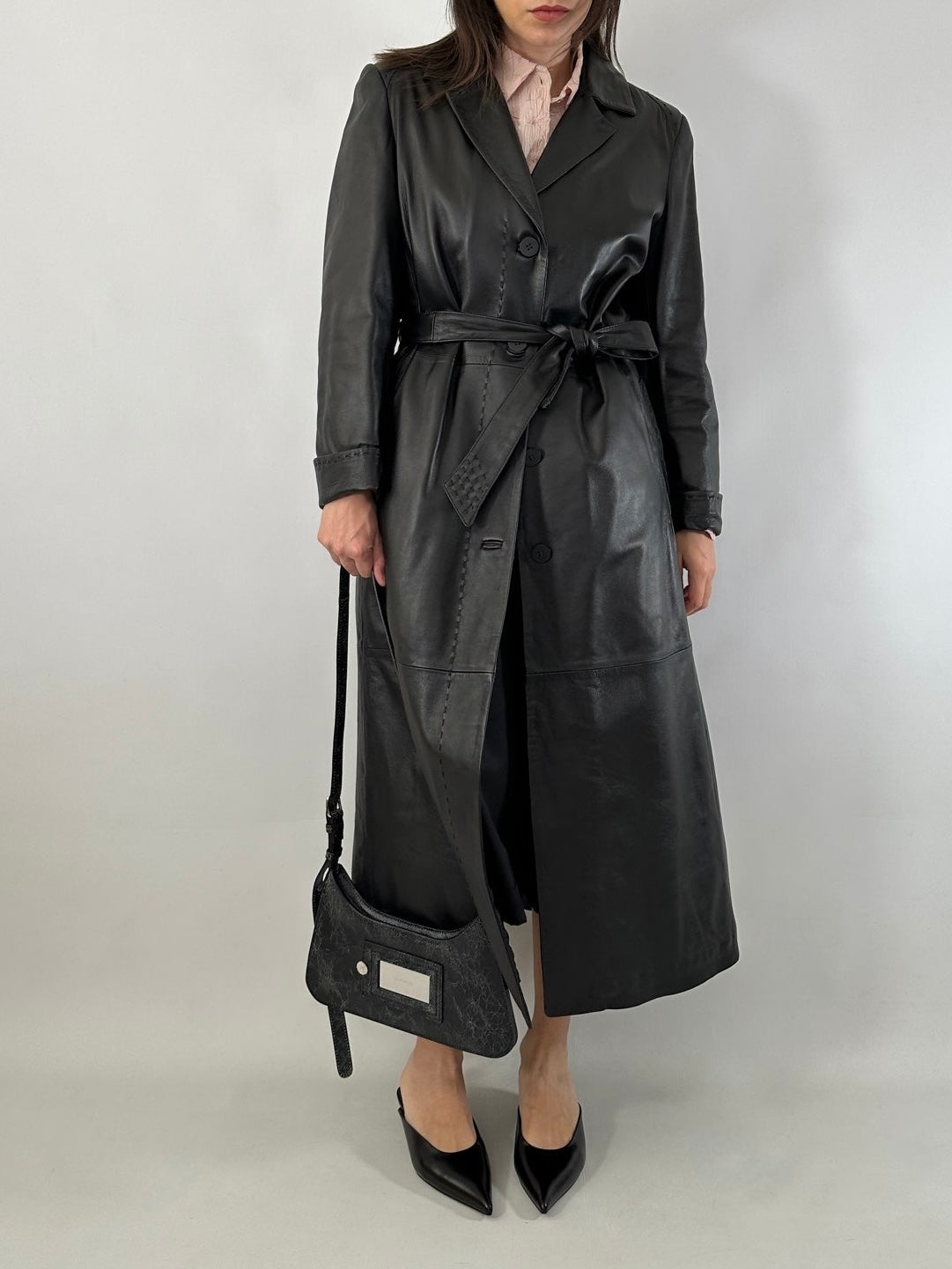 Extra-long nappa leather vintage trench coat