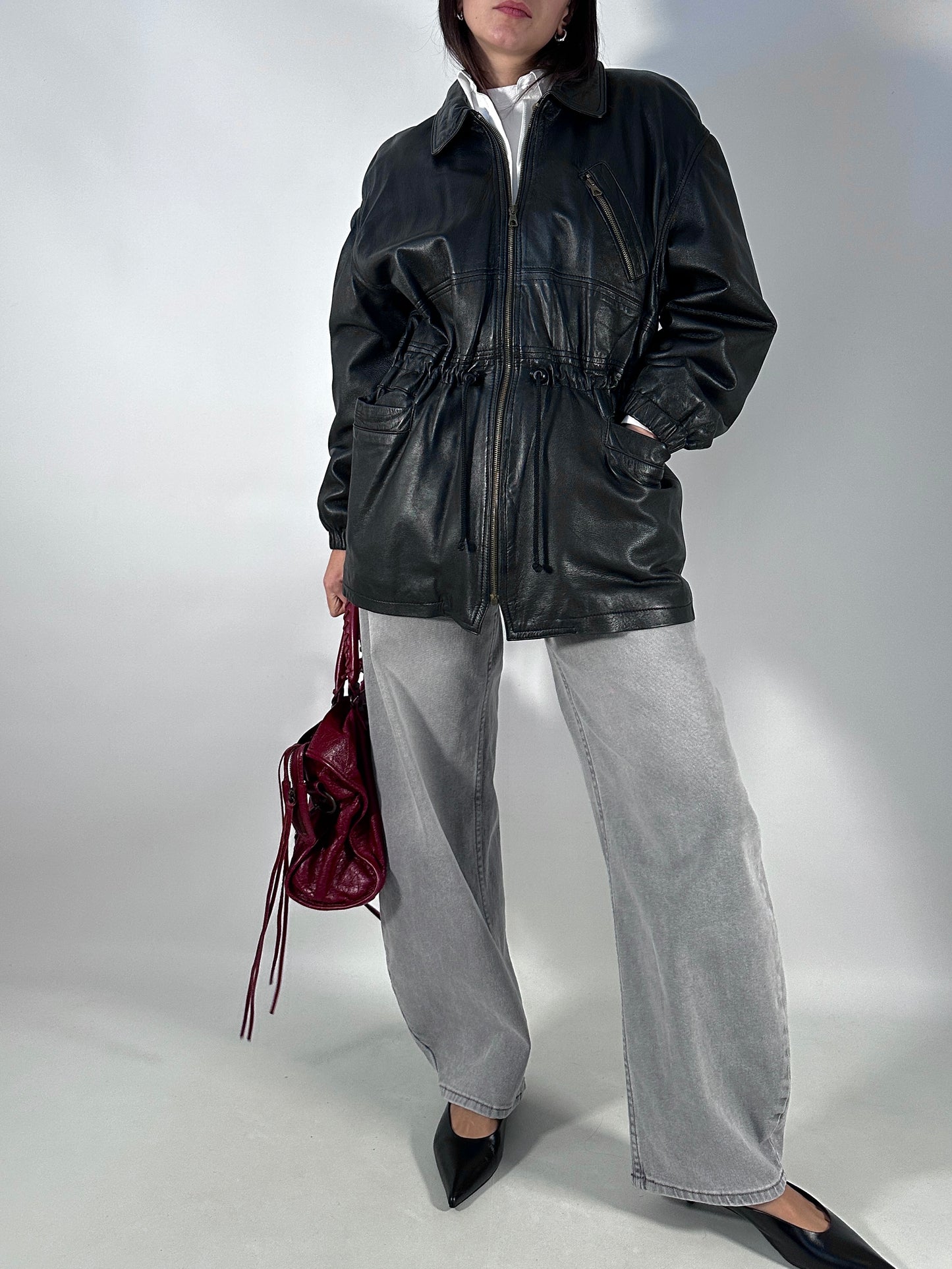 Vintage leather jacket with waist tie detail