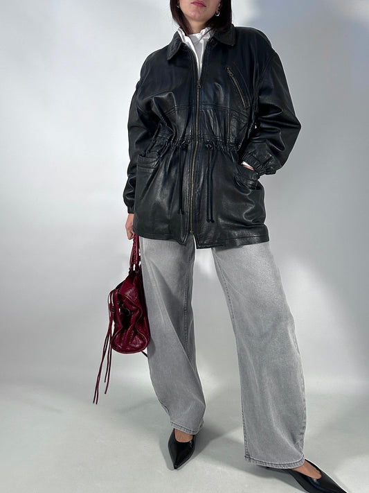 Vintage leather jacket with waist tie detail