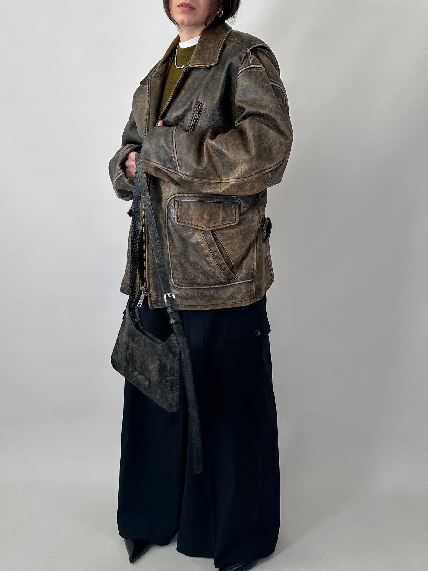 Oversized aviator jacket in distressed real leather