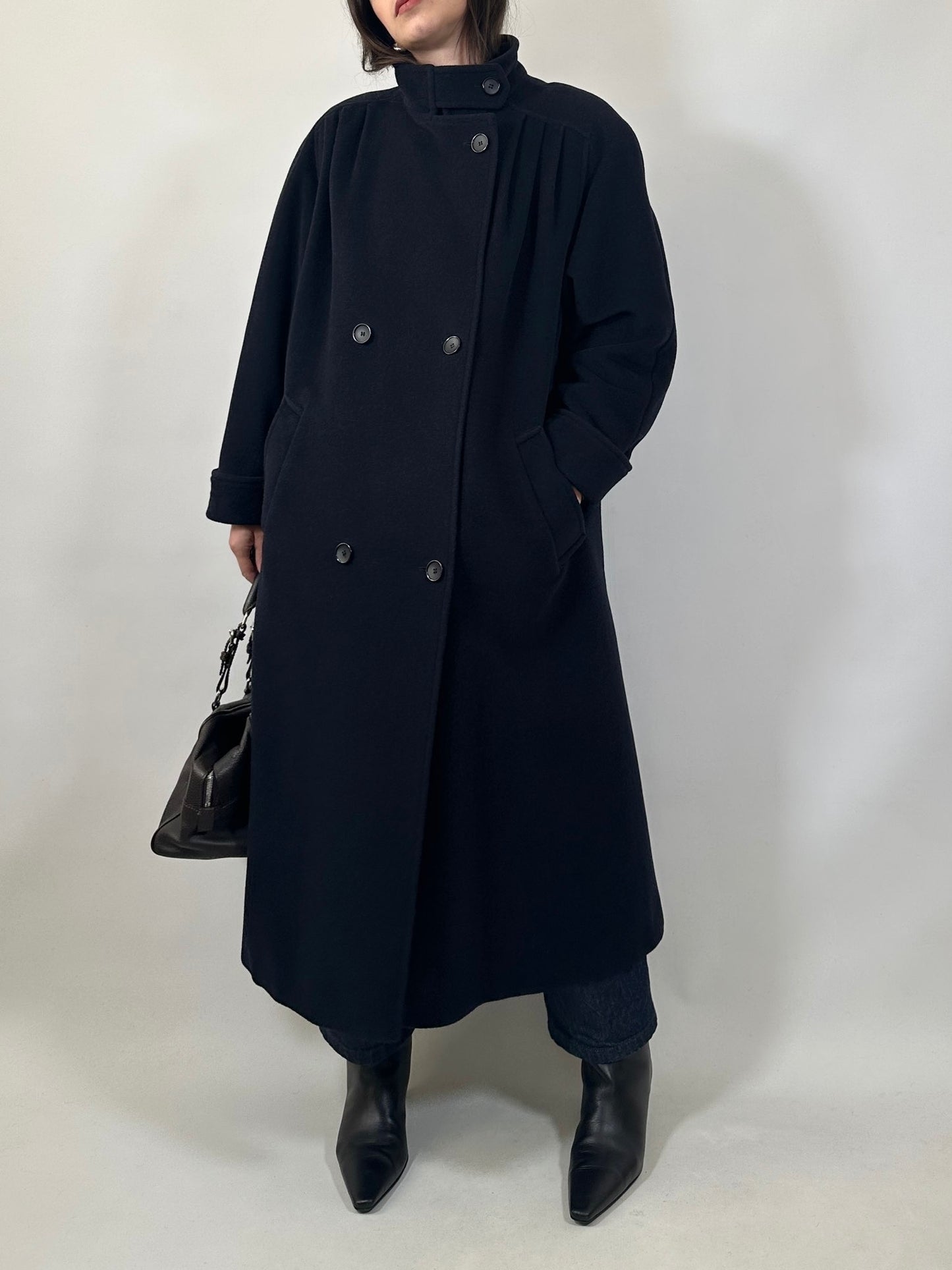 Vintage Long Blue Coat with Pleated Shoulder Detail
