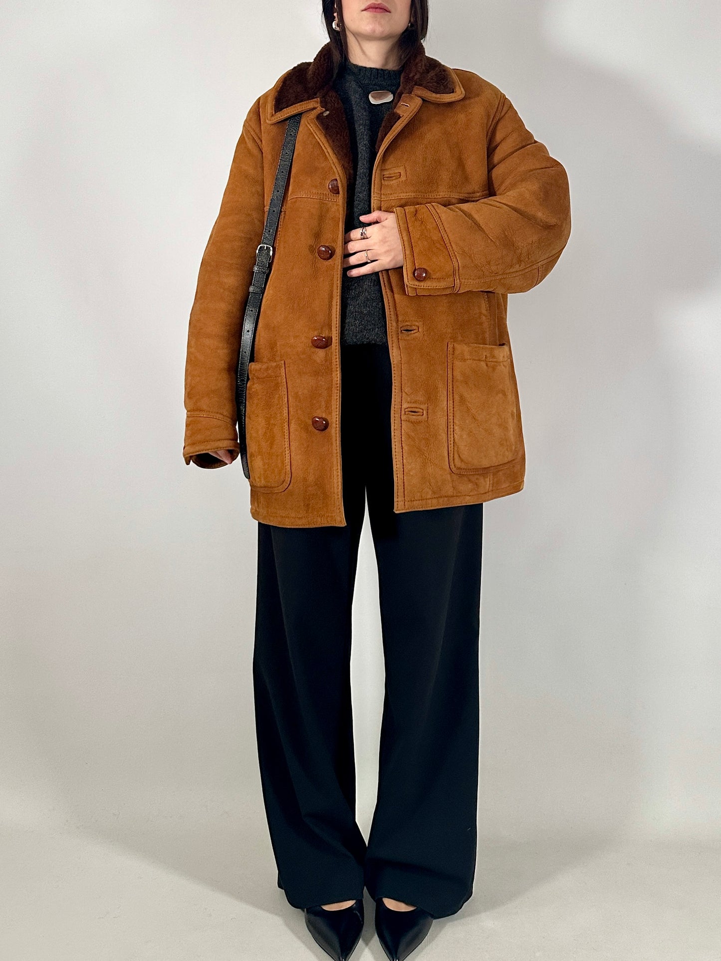 Vintage shearling coat in soft suede leather