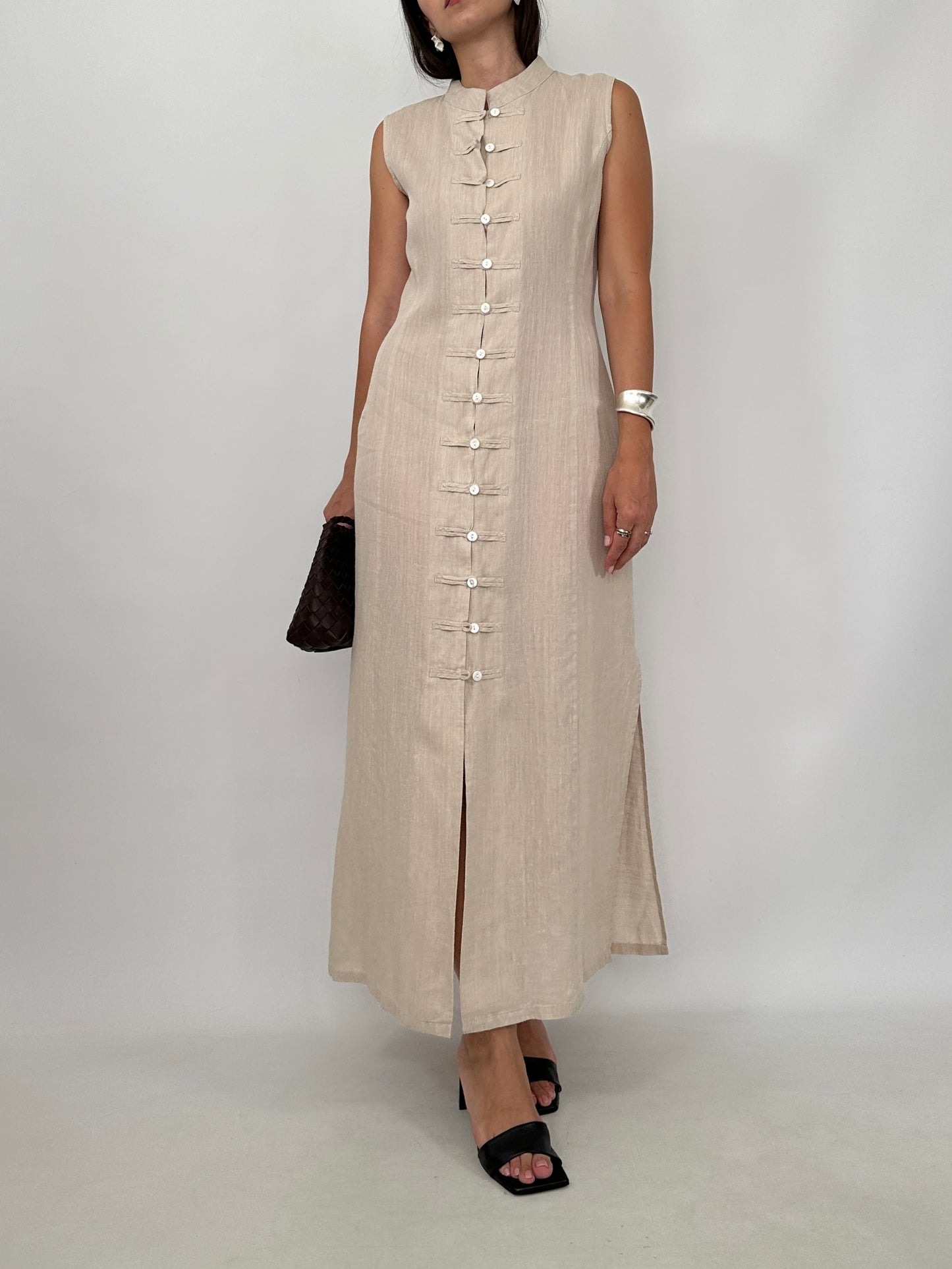 Pure Linen Mandarin Midi Dress