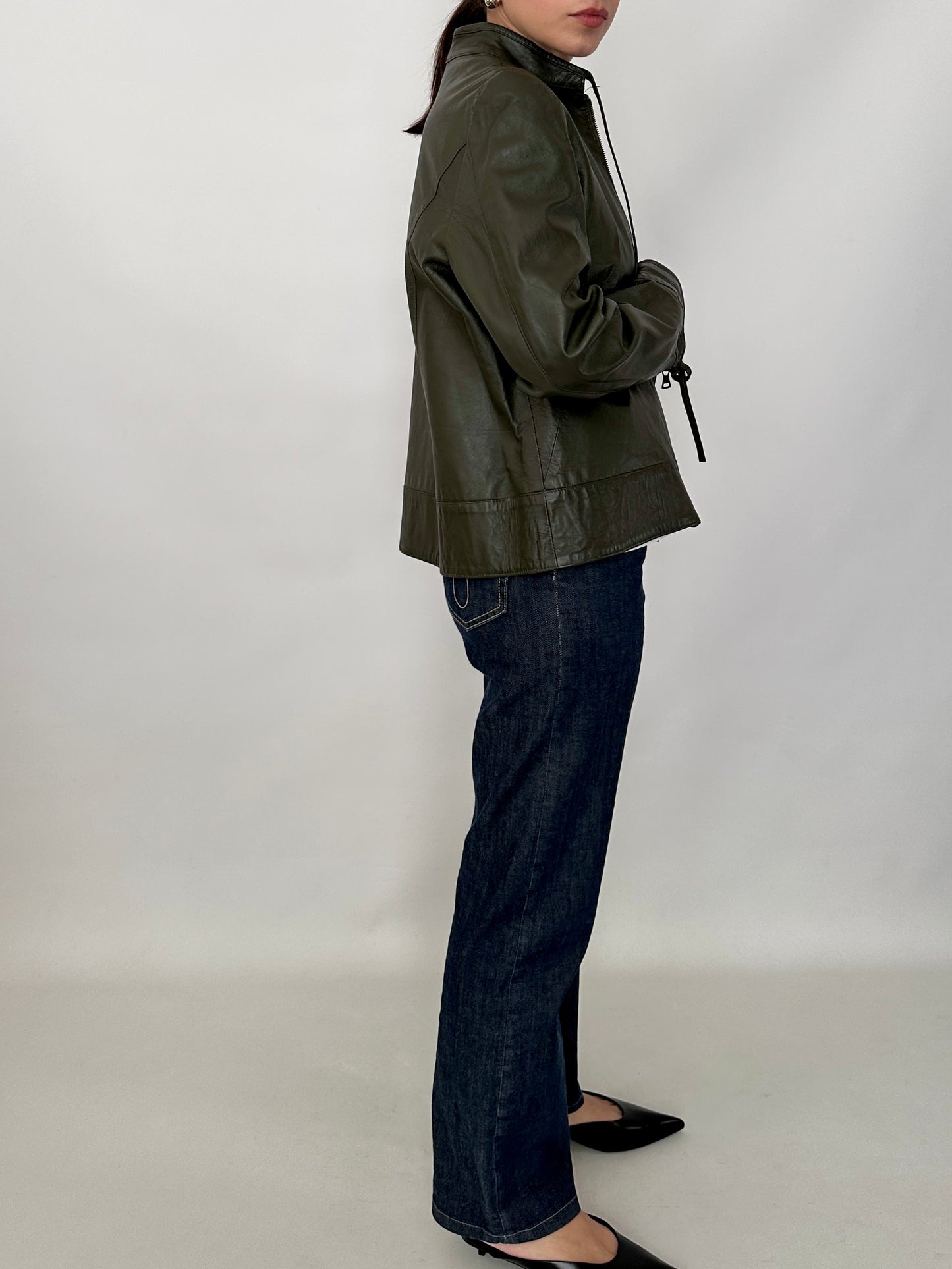 Bow detail vintage green leather jacket