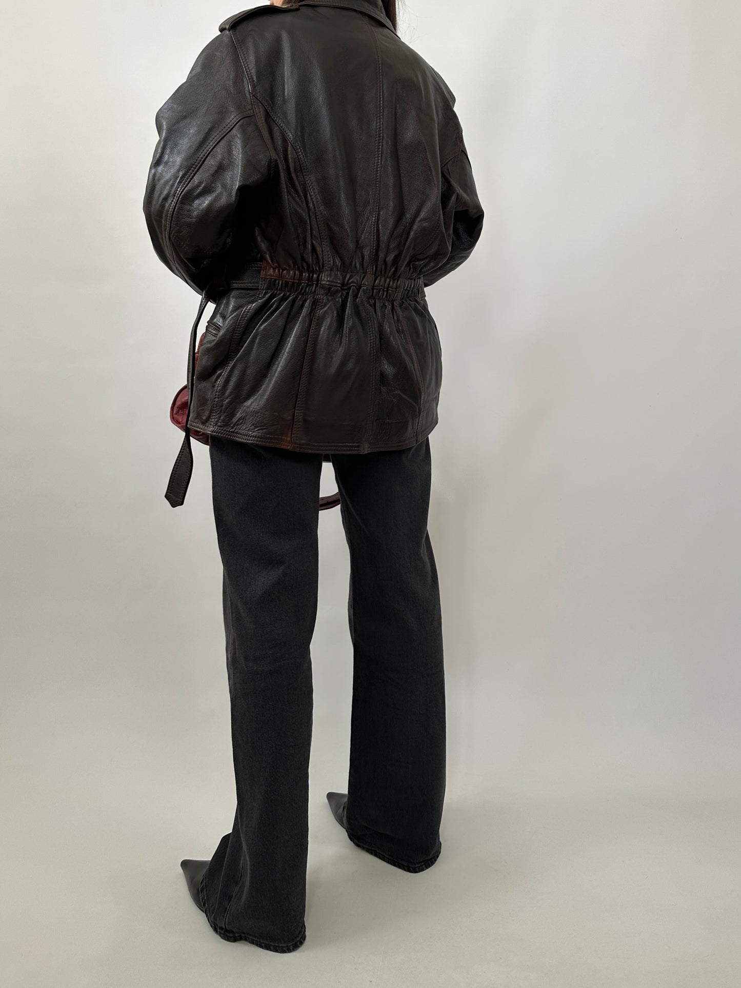 Vintage Dark Brown Leather Belted Jacket