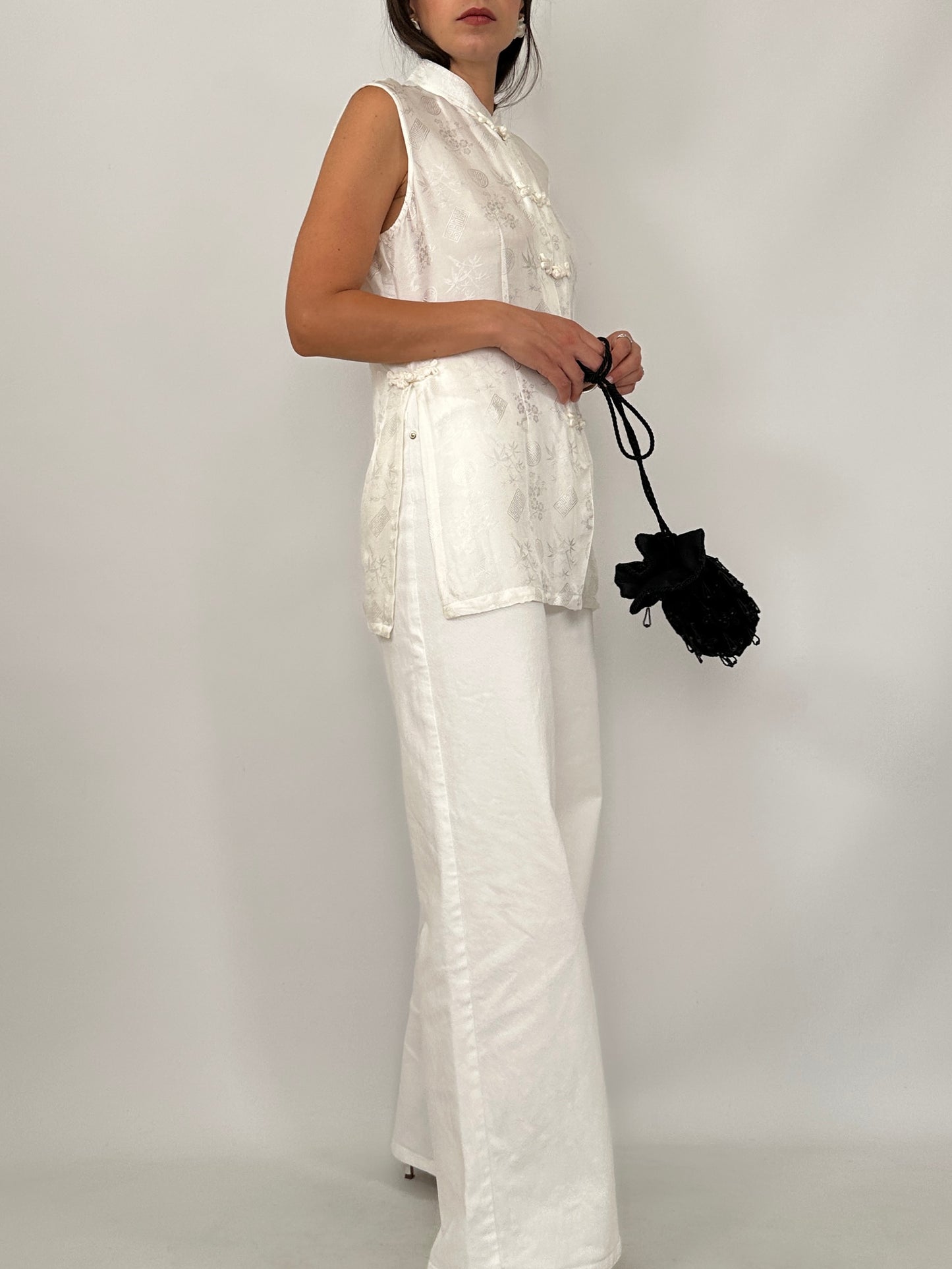 White Silk Jacquard Frog Closure Blouse