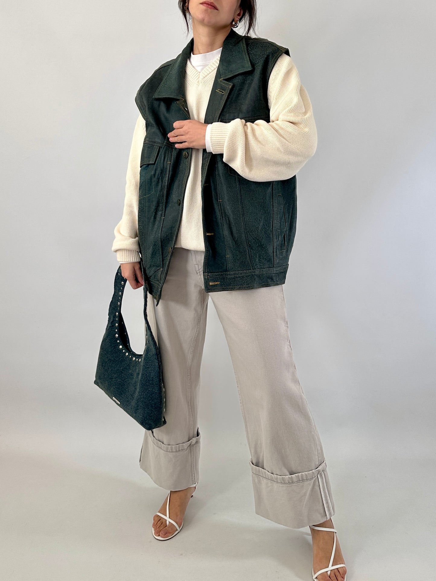 Genuine leather vest denim effect