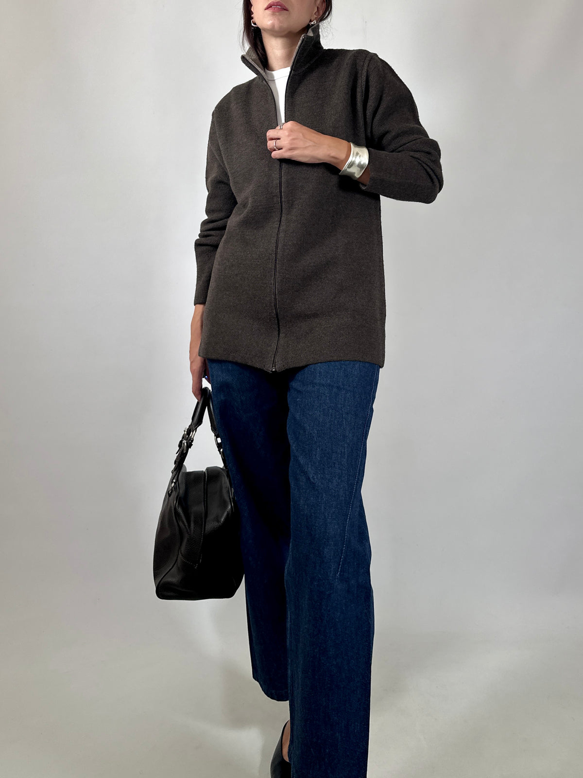 Brown Zip-Up Knit Cardigan