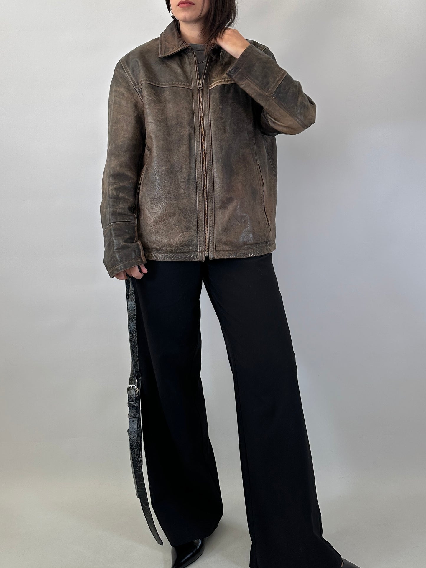 Distressed effect real leather jacket