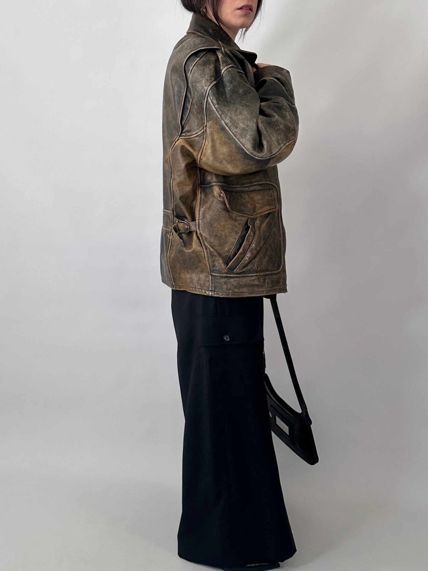 Oversized aviator jacket in distressed real leather