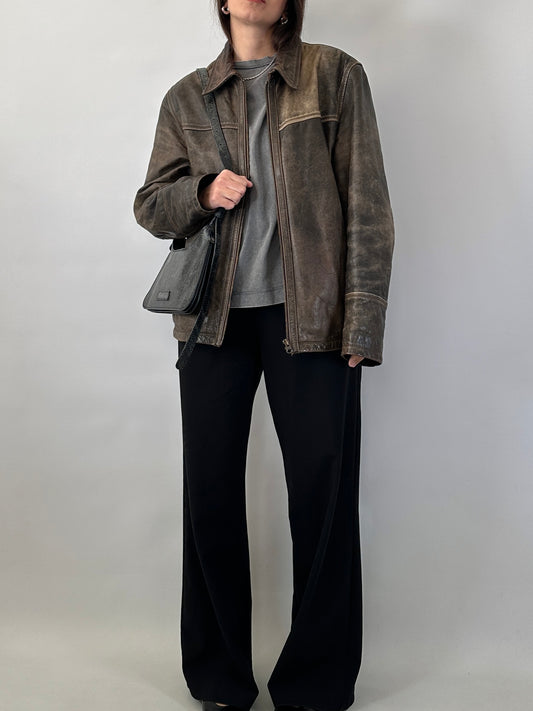 Distressed effect real leather jacket