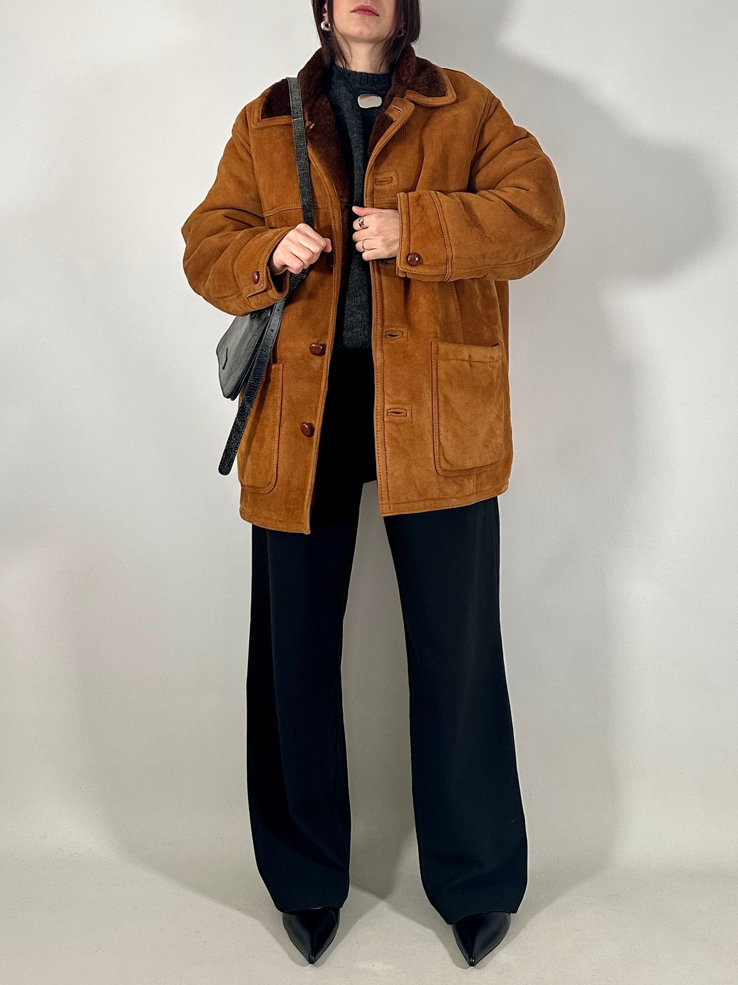 Vintage shearling coat in soft suede leather