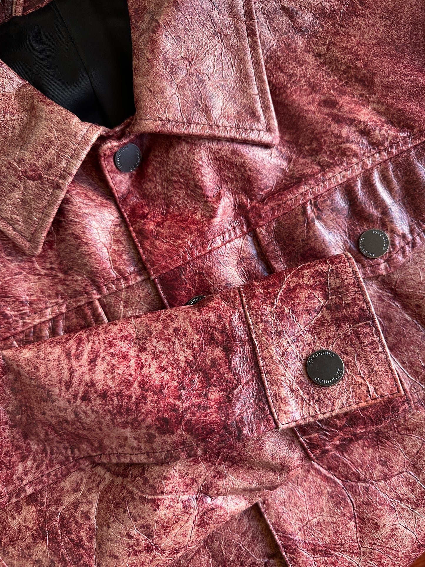Red marble leather trucker jacket