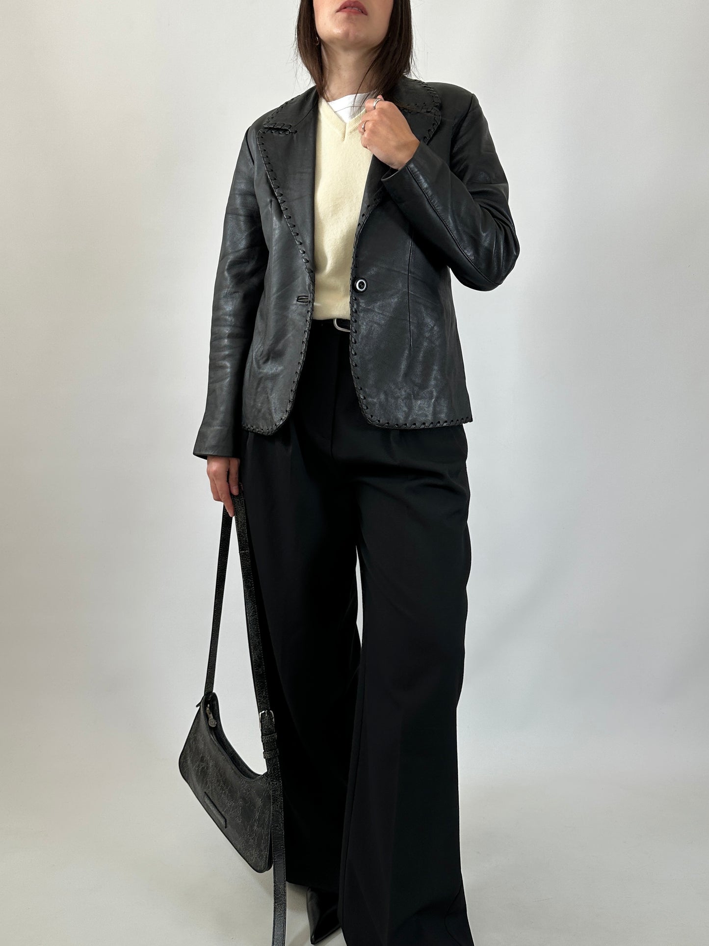 Vintage Stitched Slim Leather Blazer