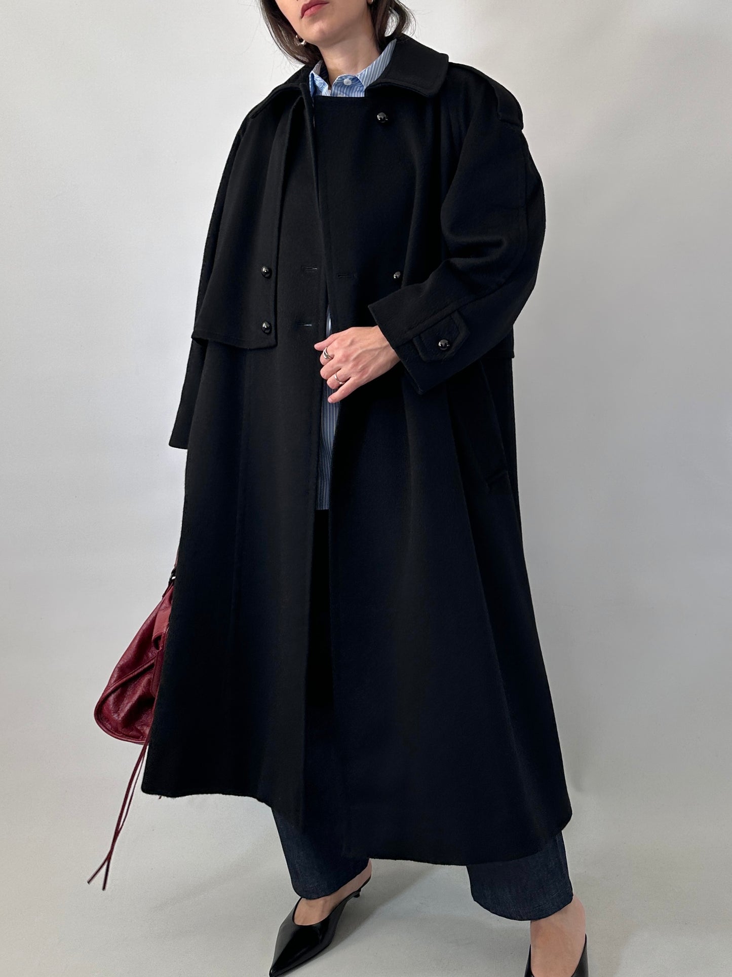 Vintage black wool coat with cape detail