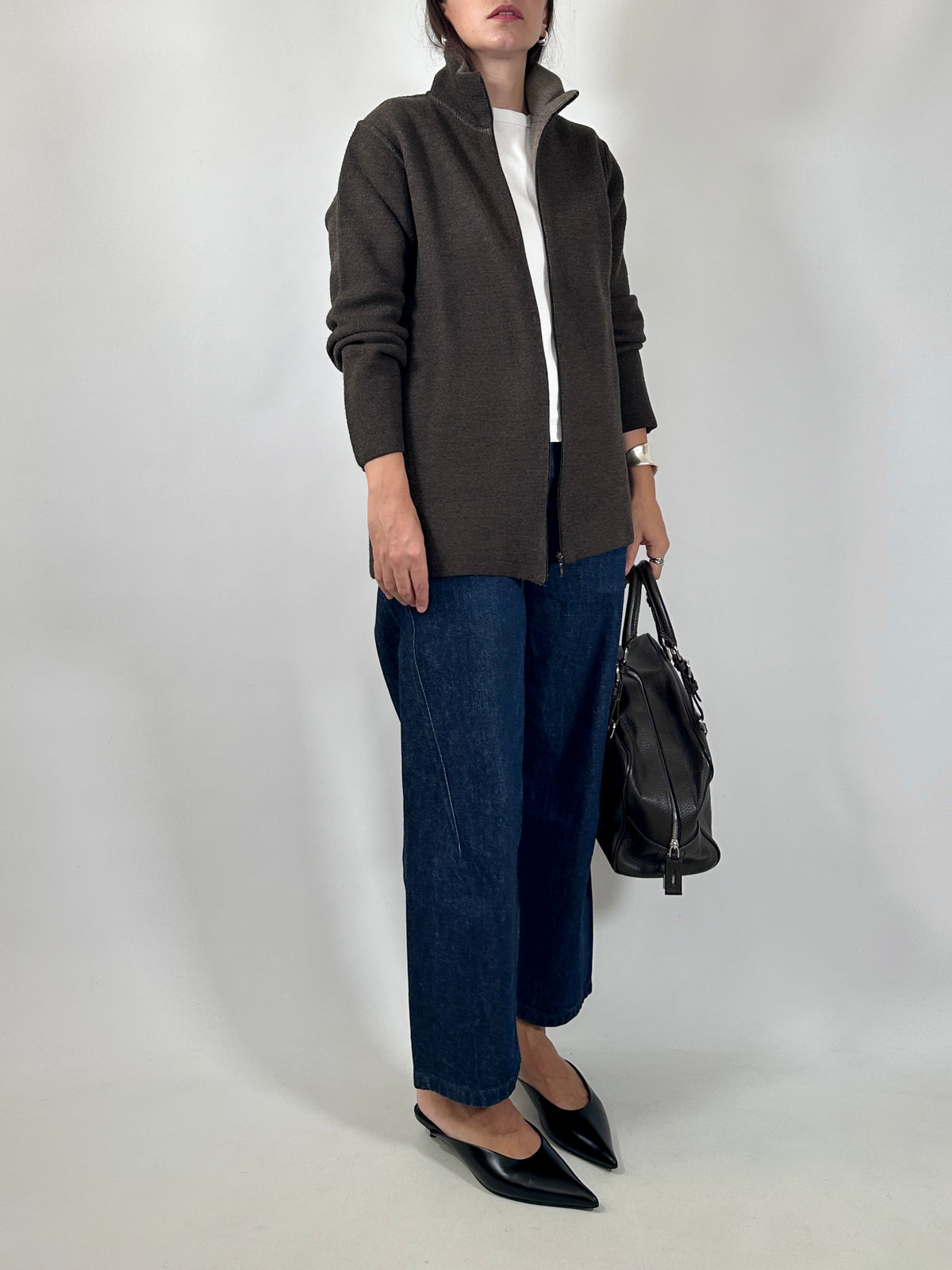 Brown Zip-Up Knit Cardigan