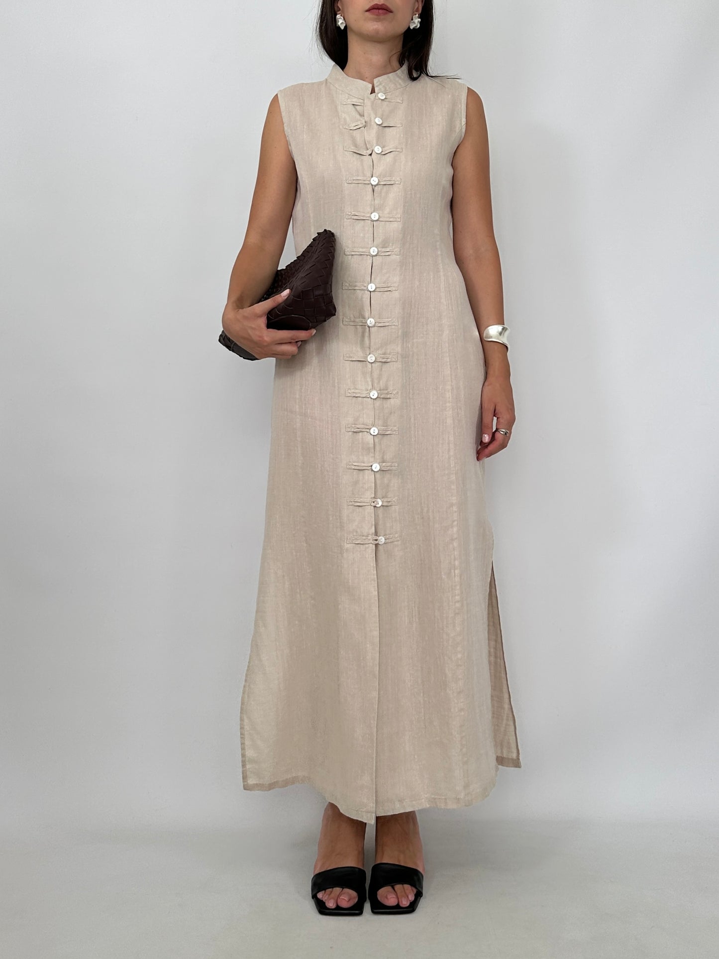 Pure Linen Mandarin Midi Dress