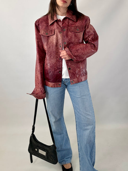 Red marble leather trucker jacket