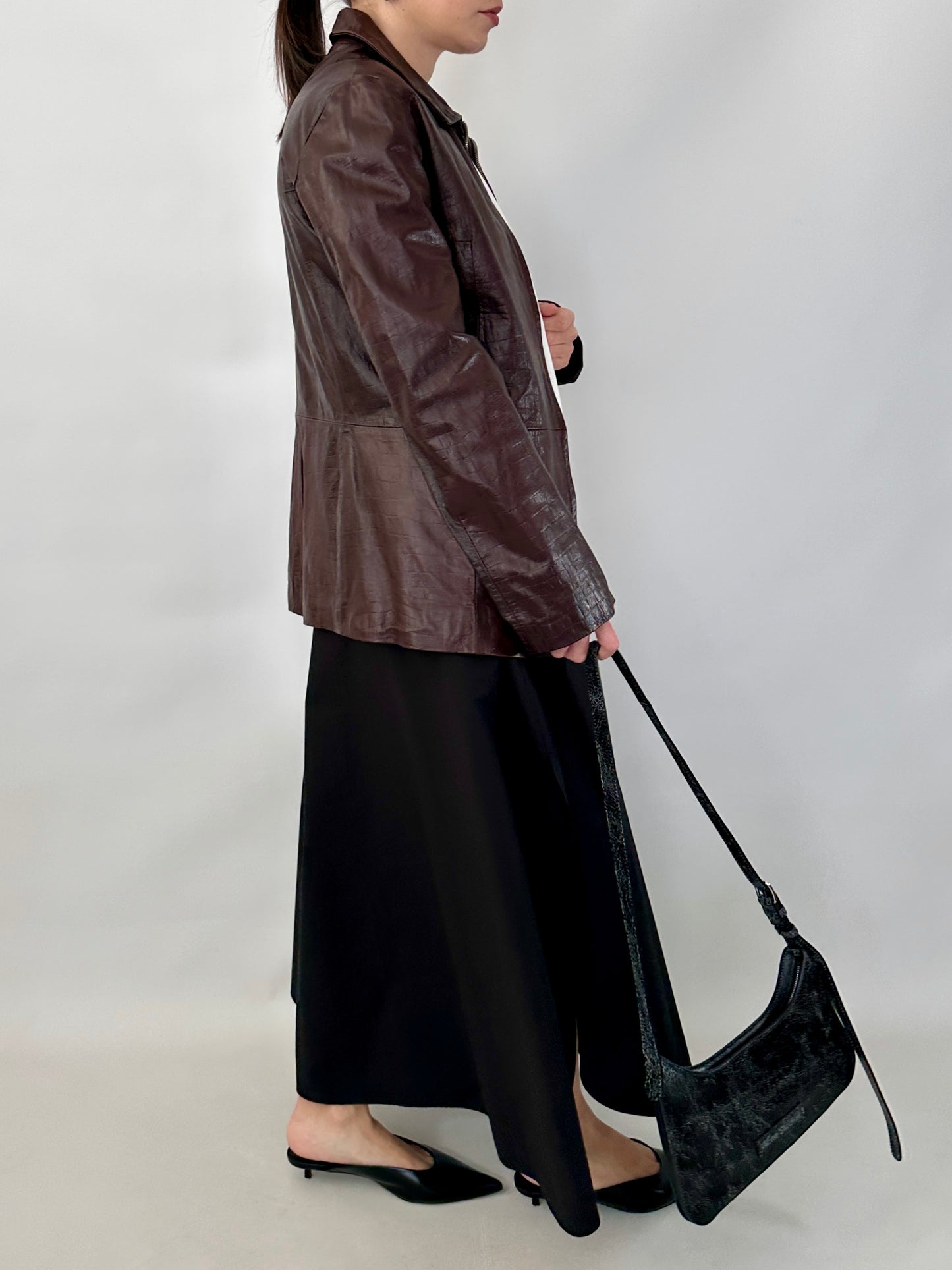 Brown croc-print genuine leather jacket