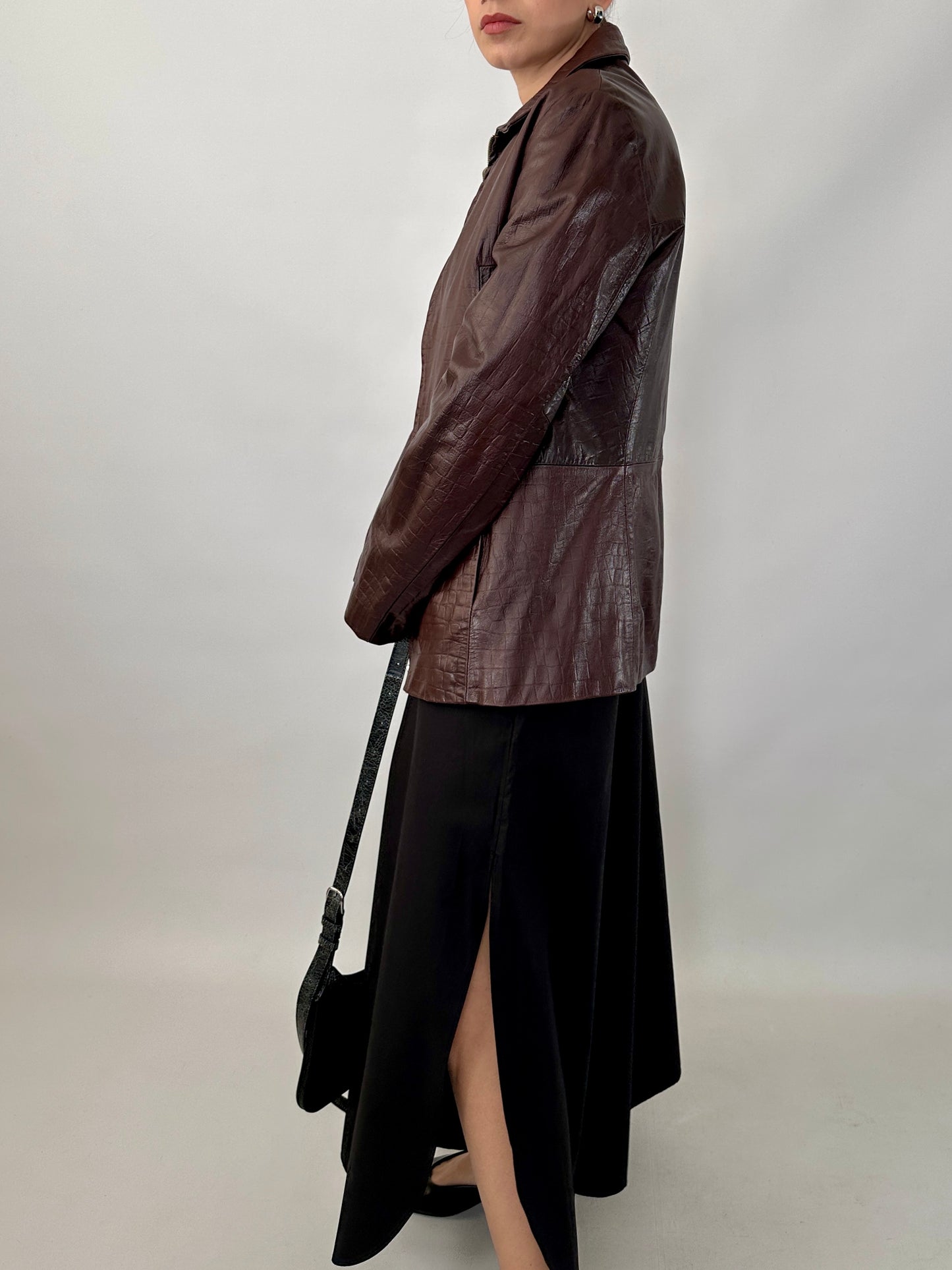 Brown croc-print genuine leather jacket