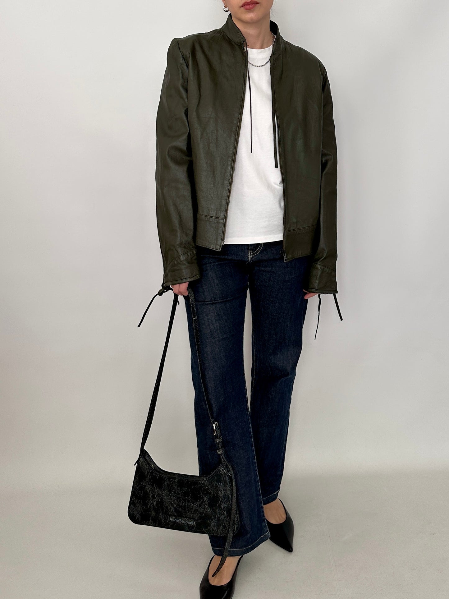 Bow detail vintage green leather jacket