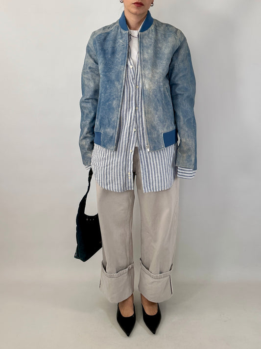 Hugo Boss bomber in distressed sky blue lamb leather
