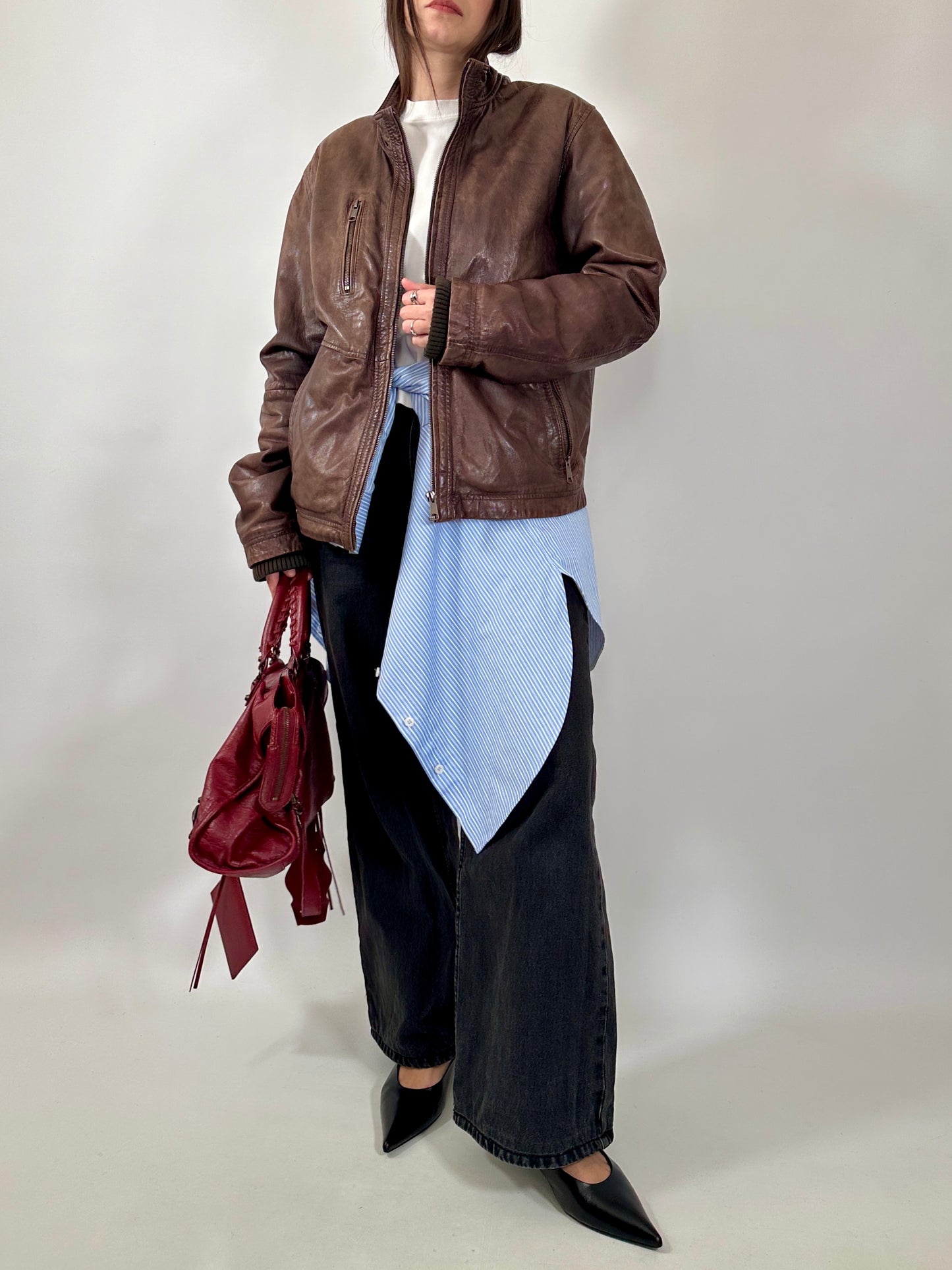 Vintage Brown Leather Zip Jacket