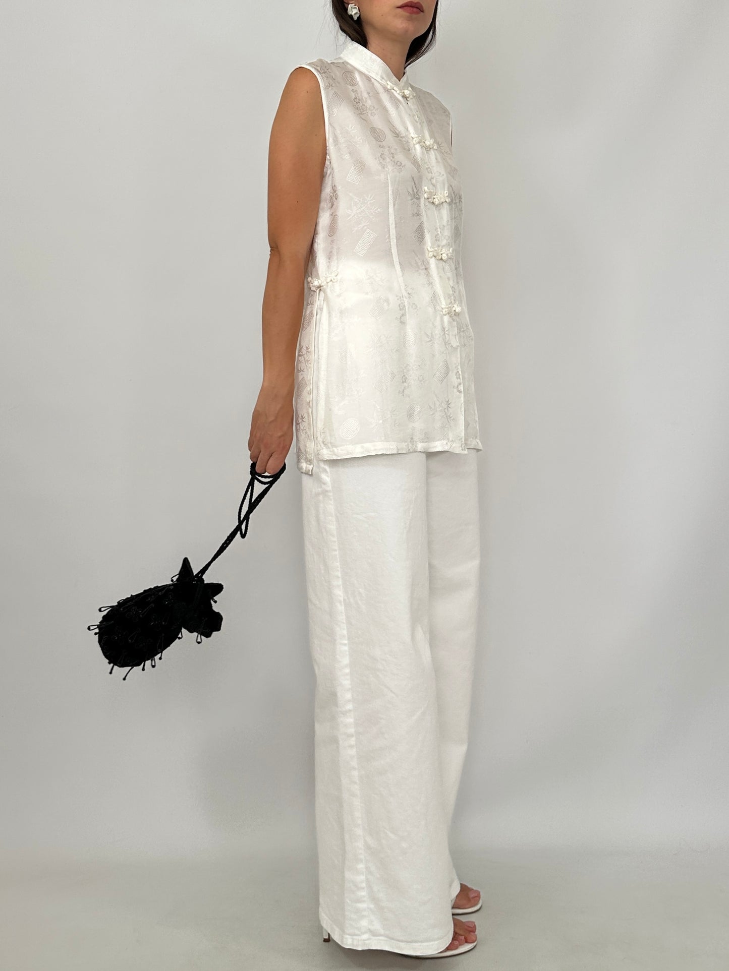 White Silk Jacquard Frog Closure Blouse