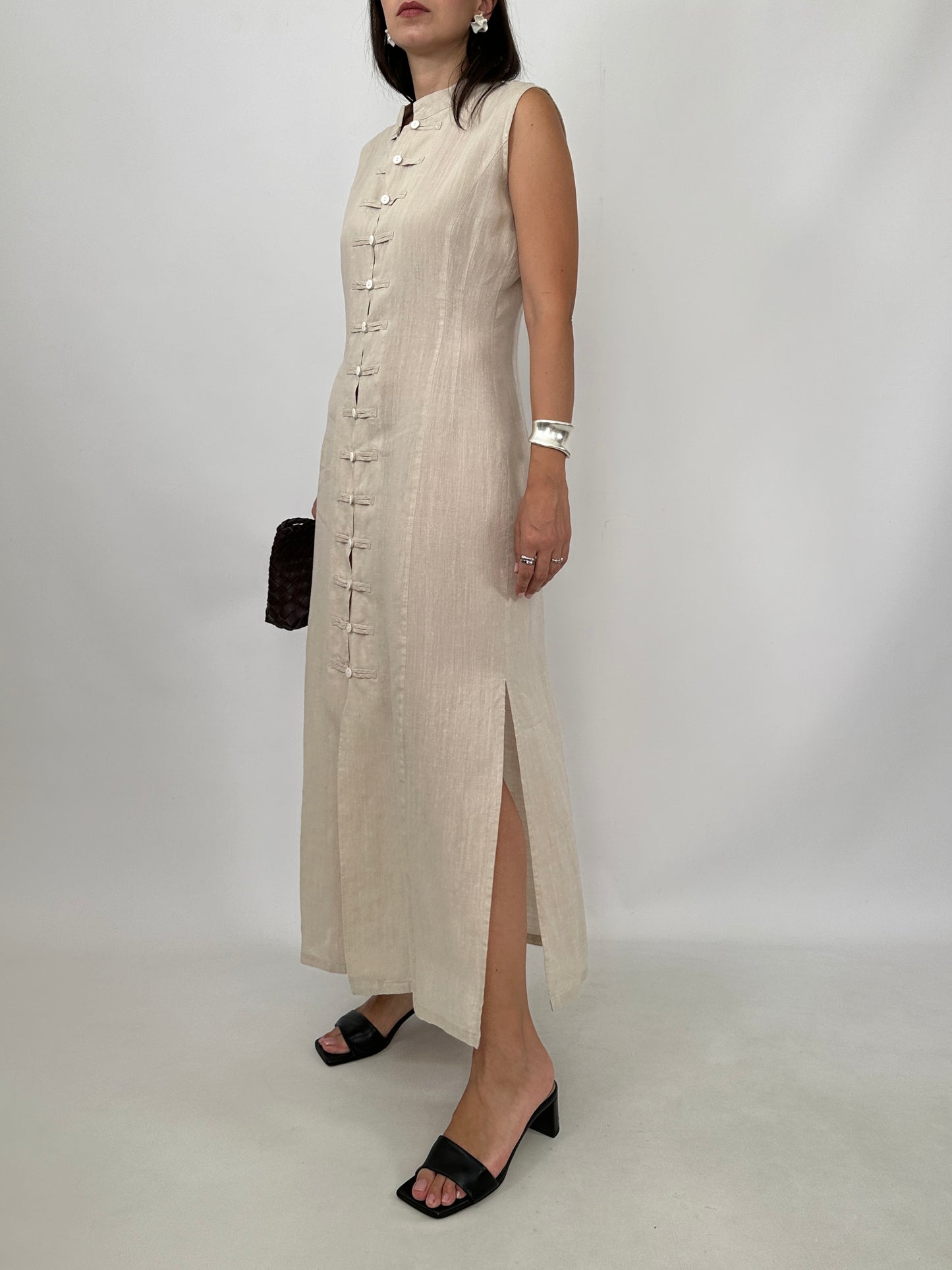 Pure Linen Mandarin Midi Dress