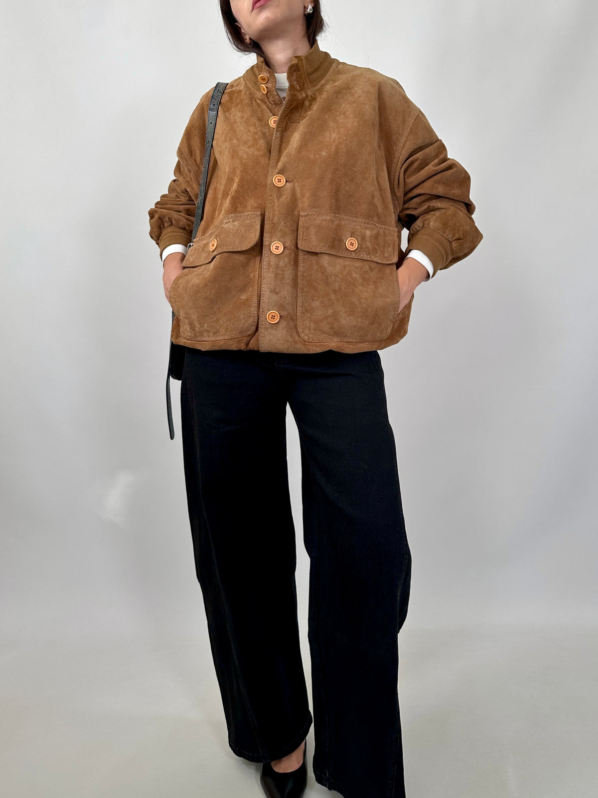 Cognac Suede Bomber Jacket