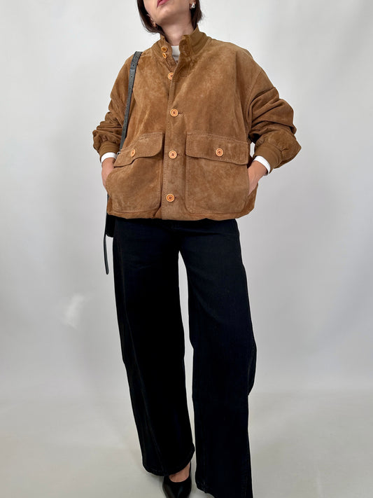 Cognac Suede Bomber Jacket