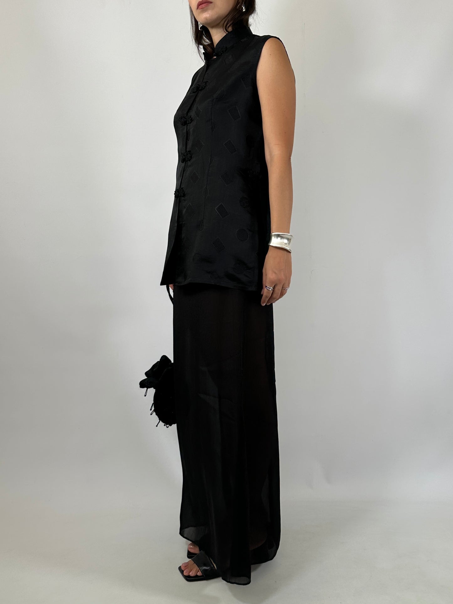 Black Silk Jacquard Frog Closure Blouse