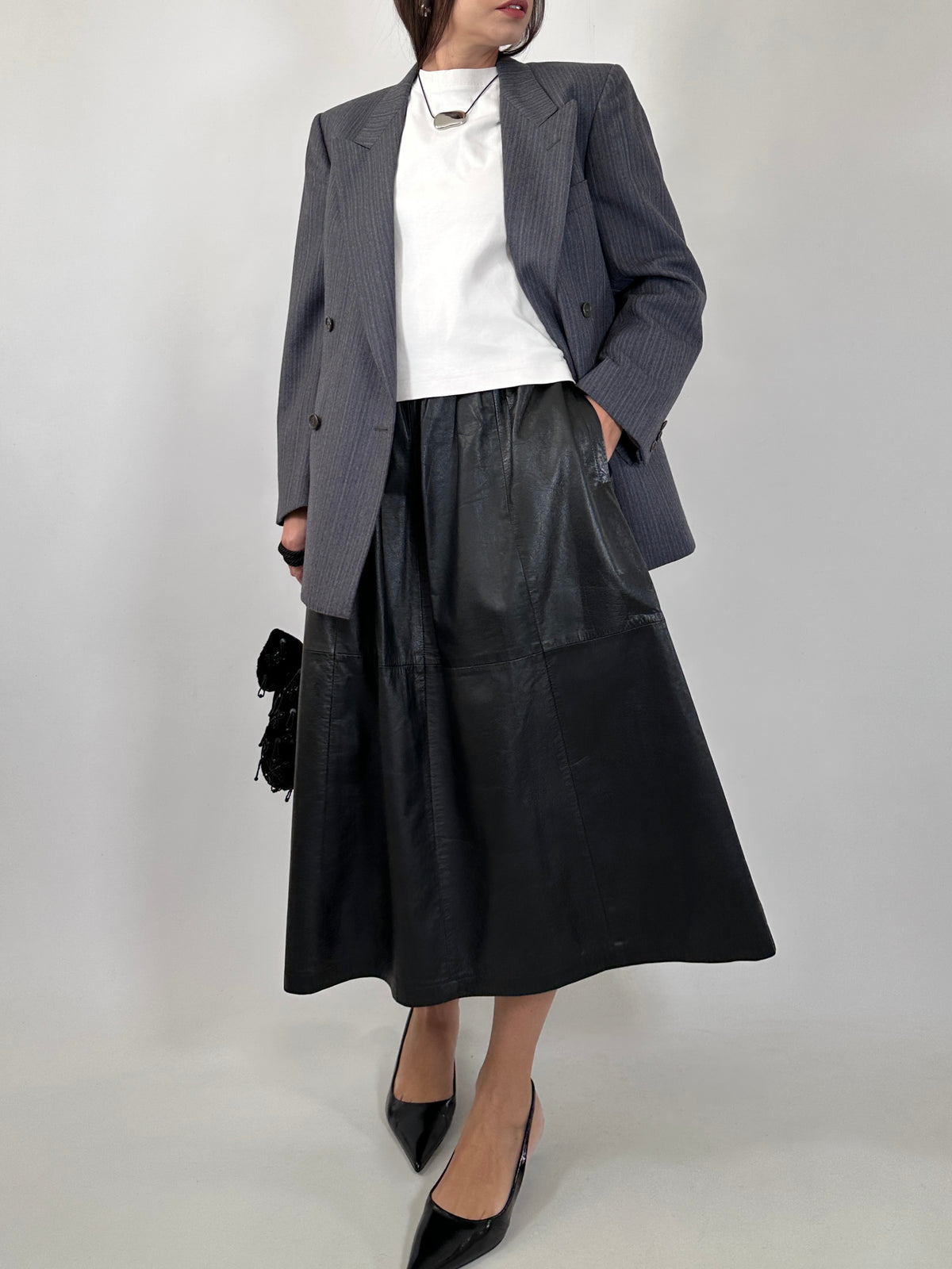 Vintage Black Leather Midi Skirt