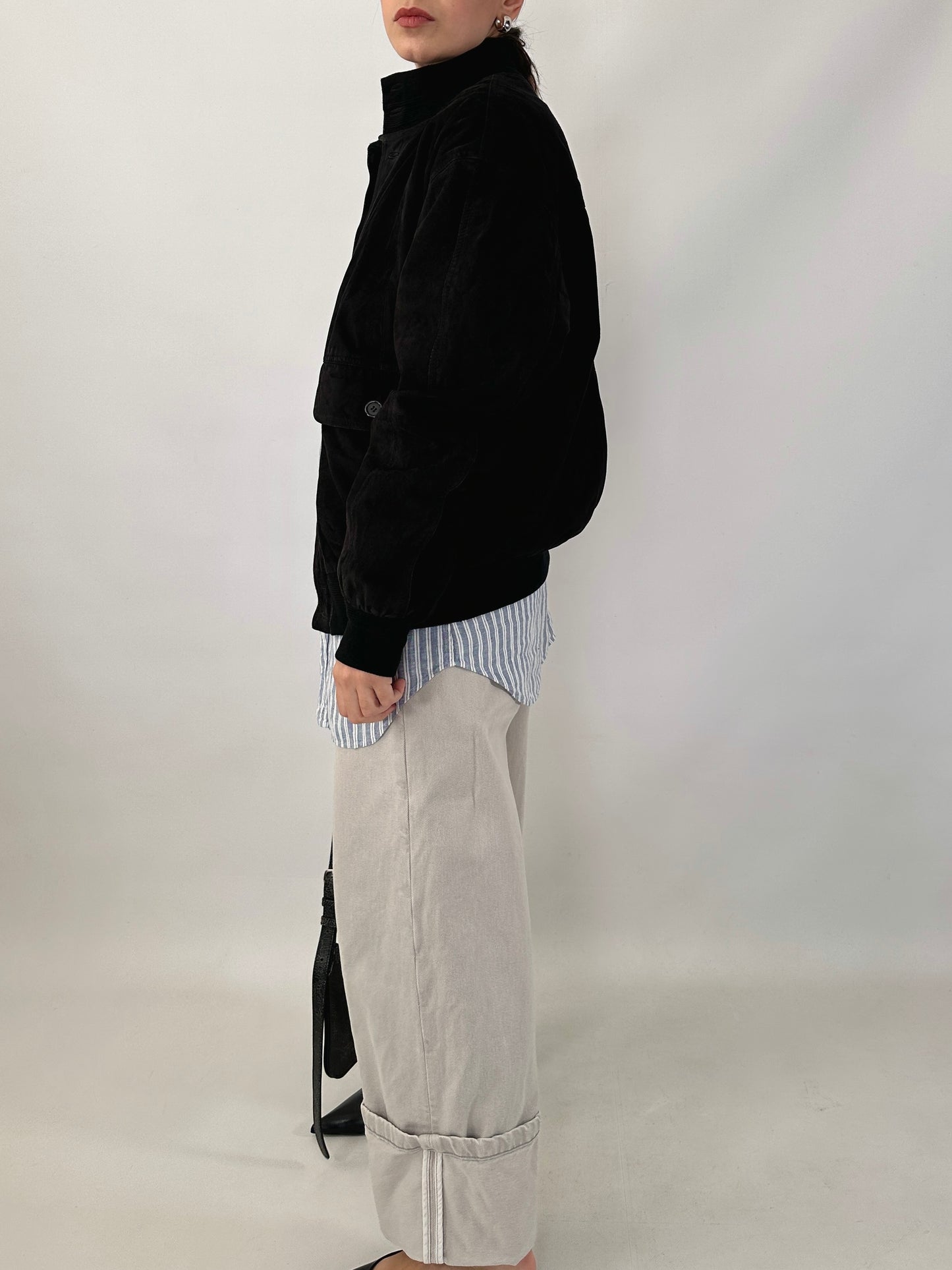 Vintage black bomber jacket in suede