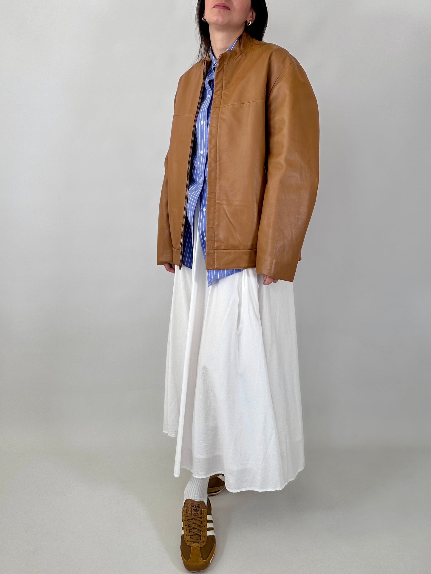 Biscuit oversized leather jacket