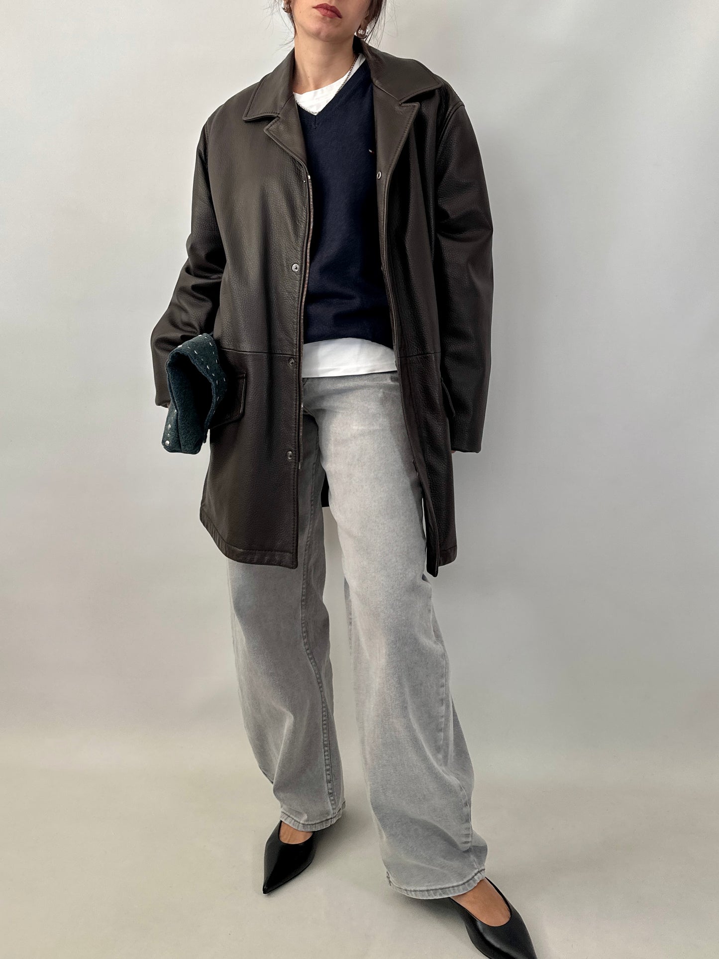 Grained lamb leather brown coat