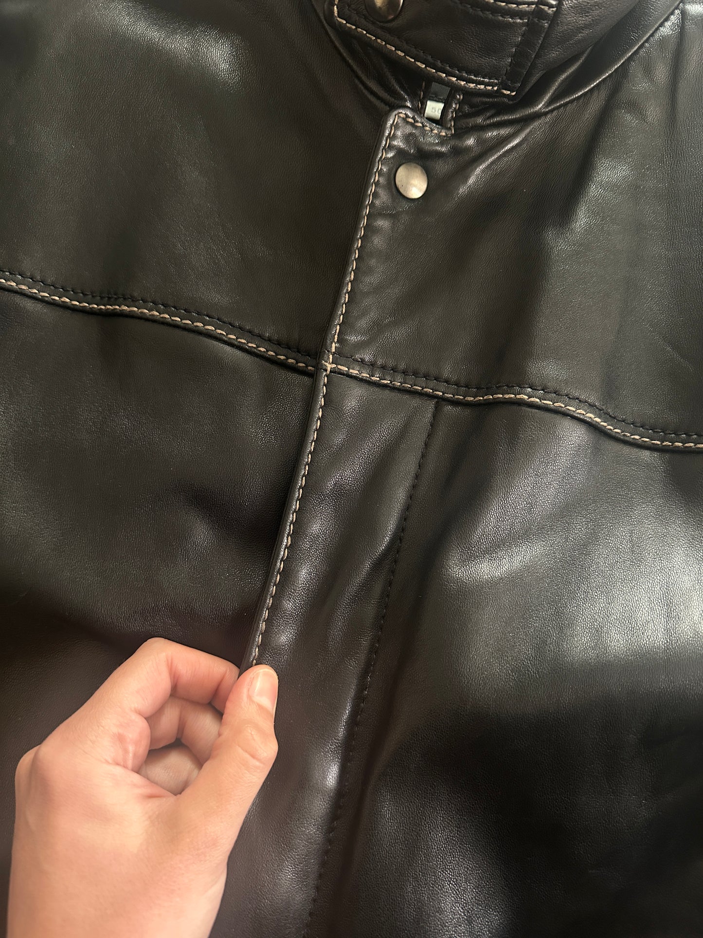 Vintage Leather Jacket with Stand Collar and Contrast Stitching