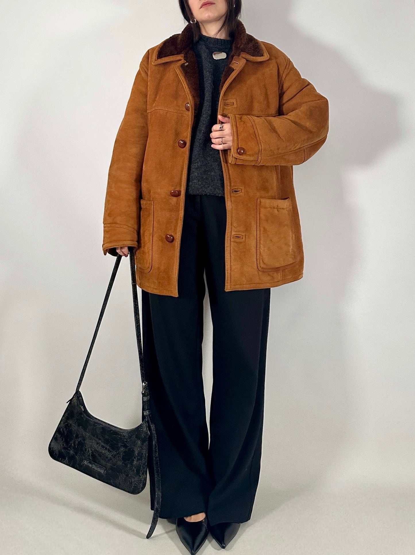 Vintage shearling coat in soft suede leather