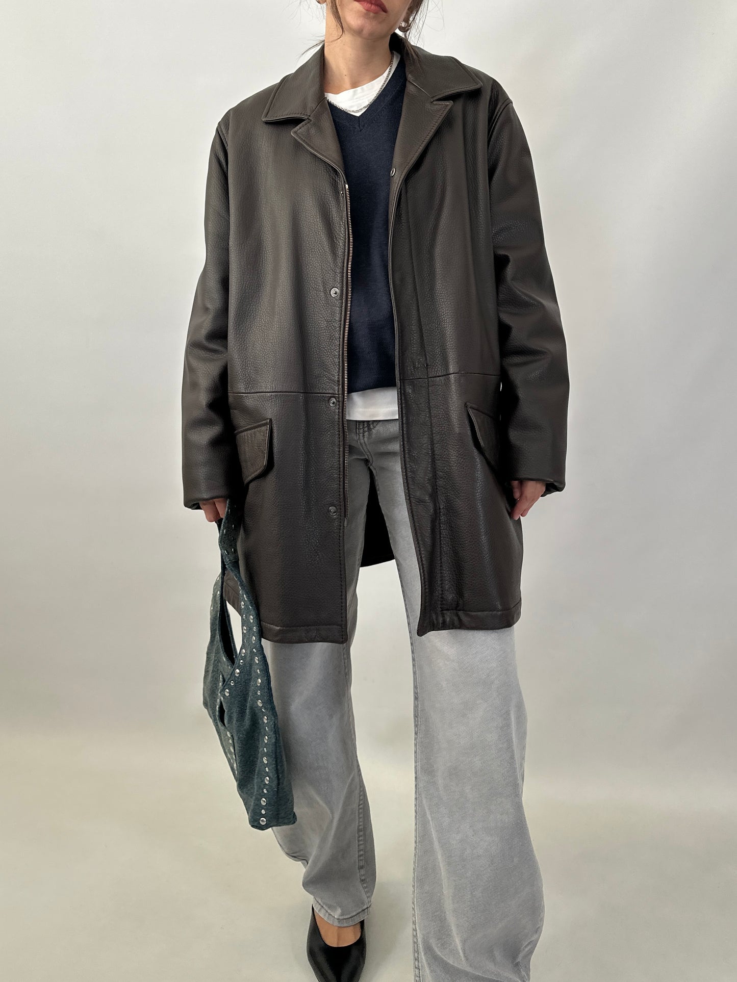 Grained lamb leather brown coat