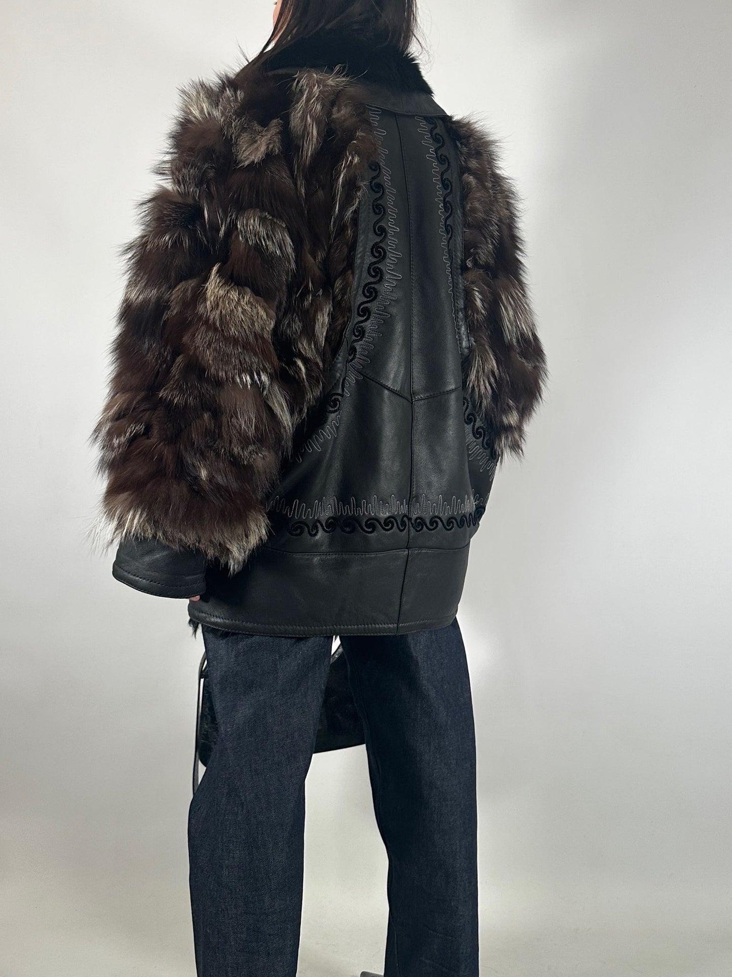 Embroidered Shearling Jacket with Fur Sleeves