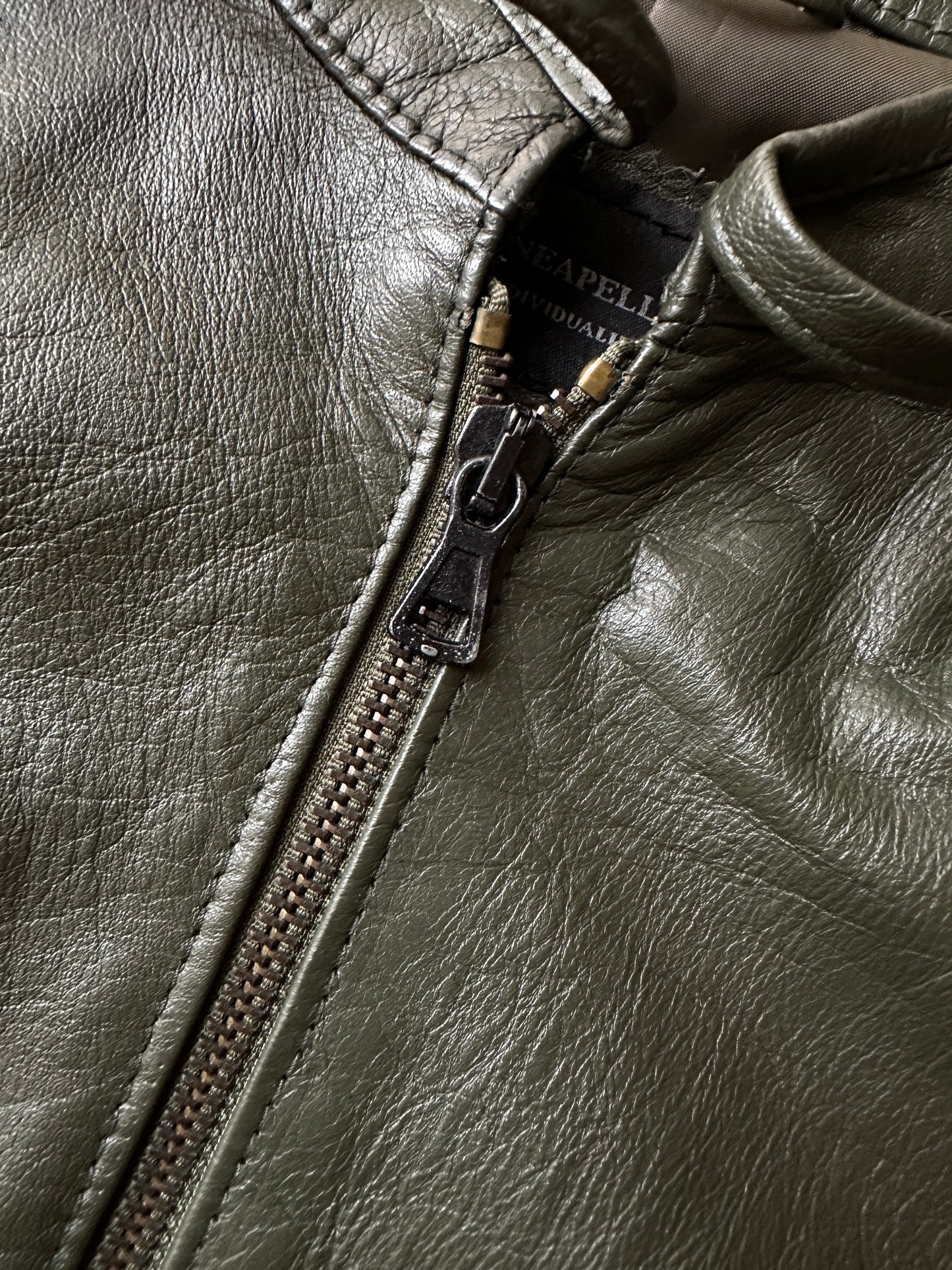 Bow detail vintage green leather jacket