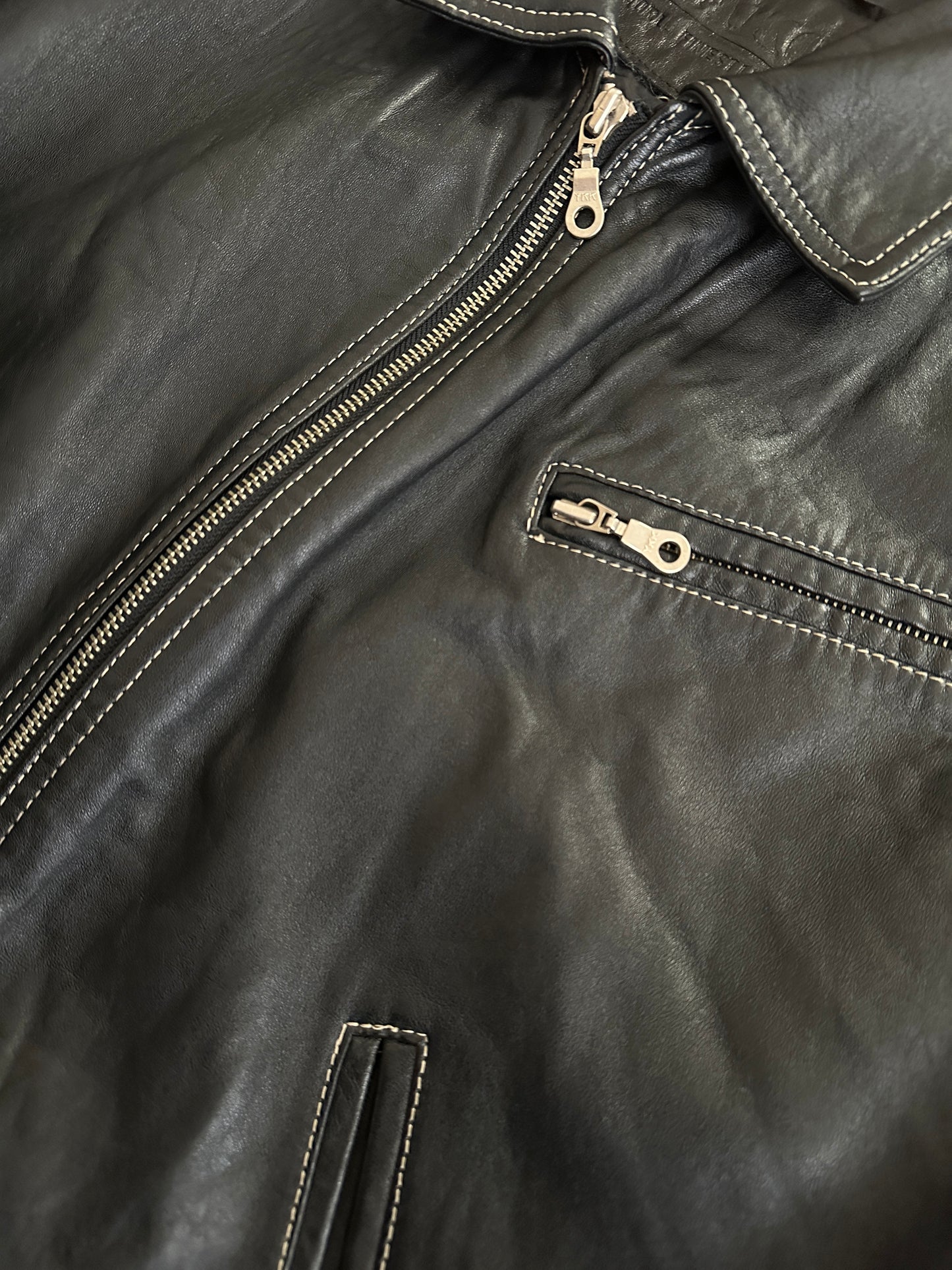 Genuine leather harrington jacket with contrast stitching