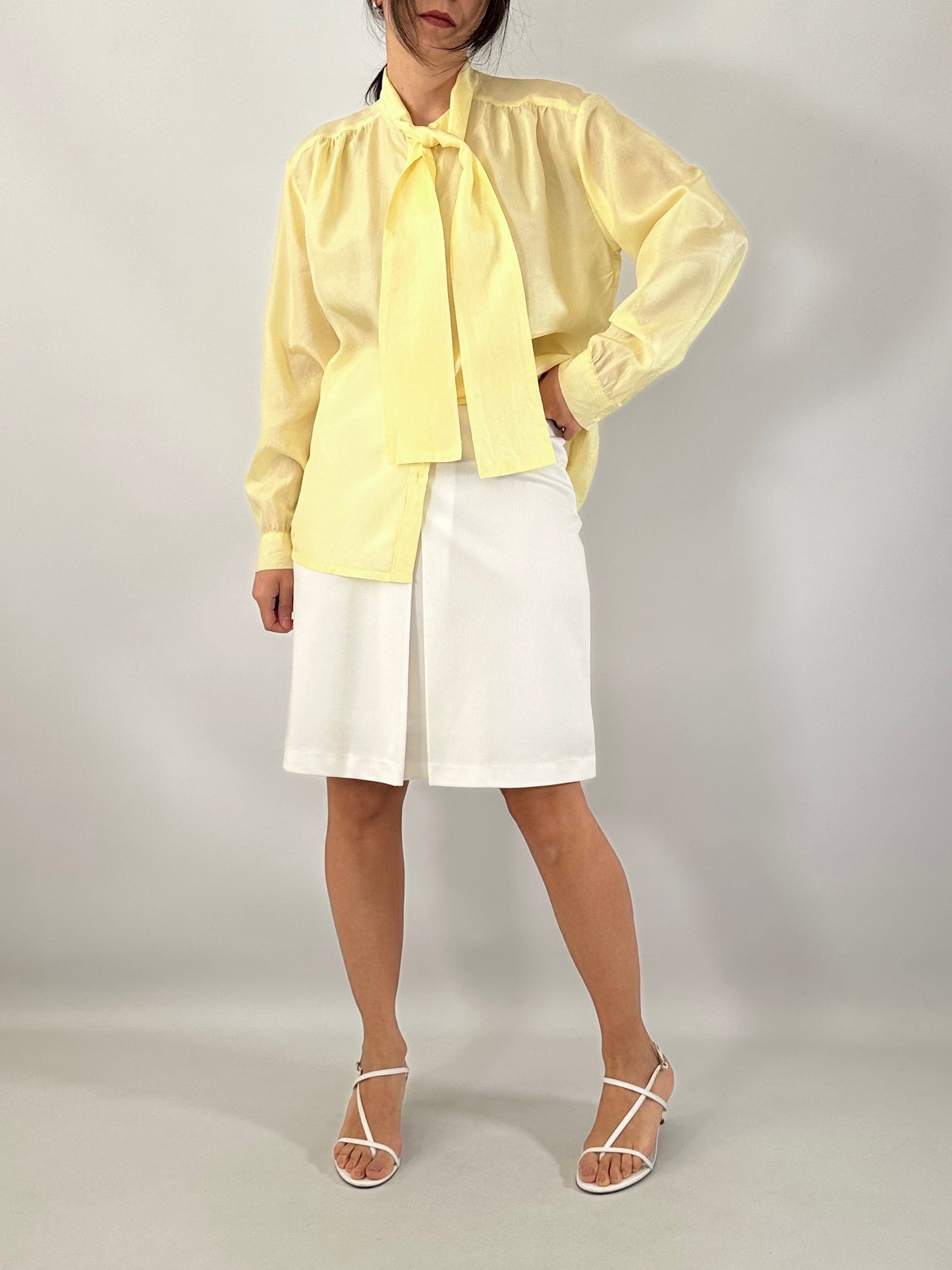Butter yellow silk bow shirt