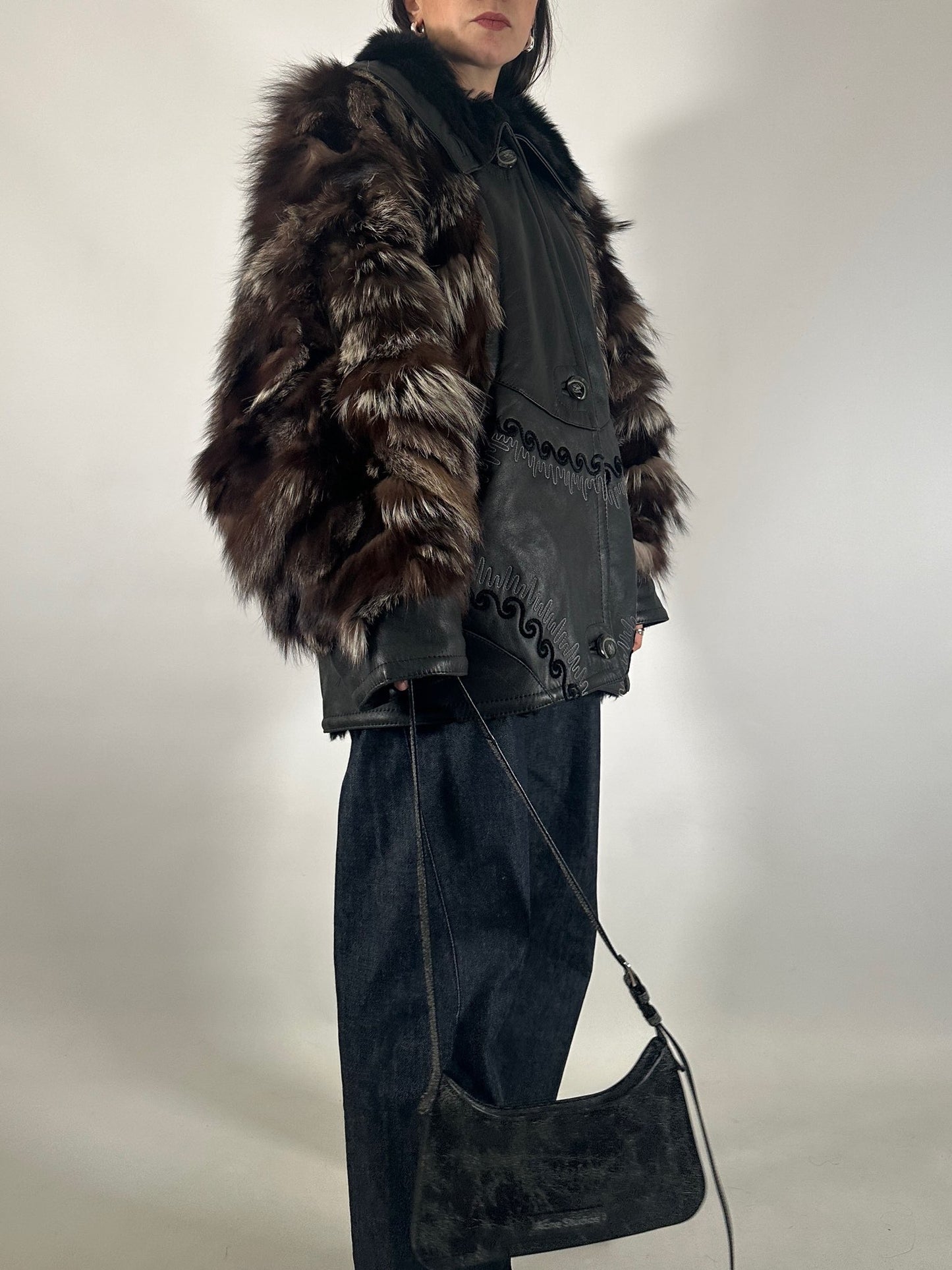 Embroidered Shearling Jacket with Fur Sleeves