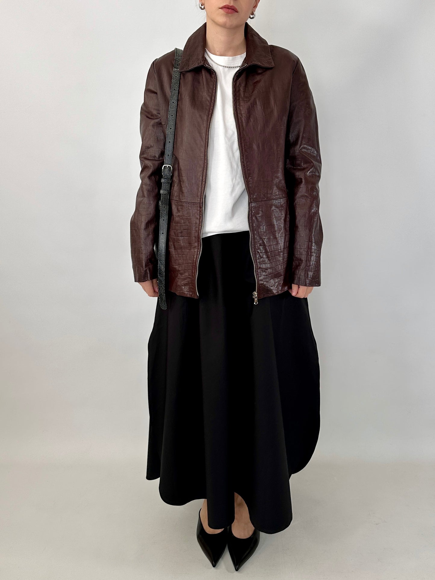 Brown croc-print genuine leather jacket