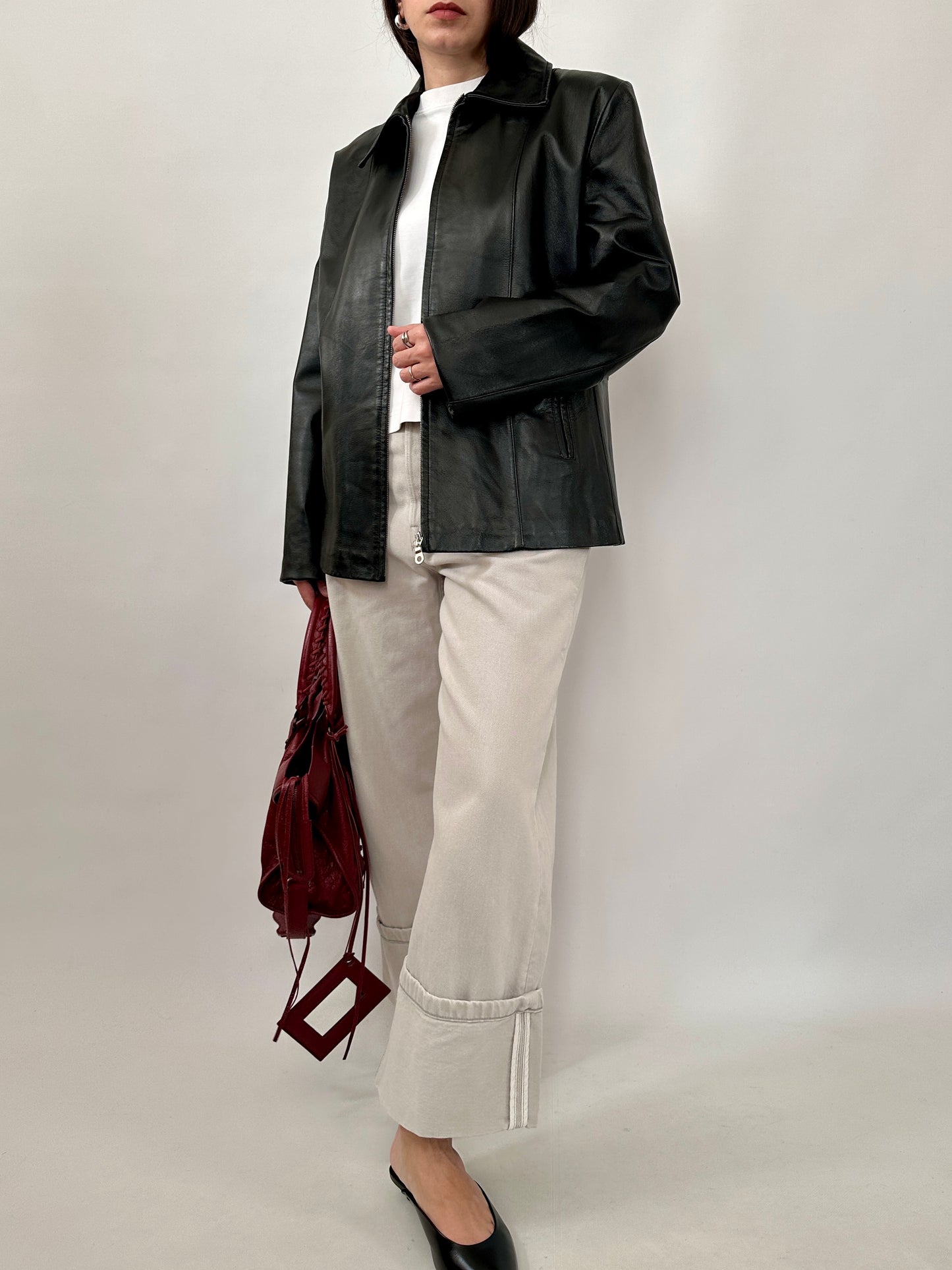 Minimal Black Leather Zip Jacket