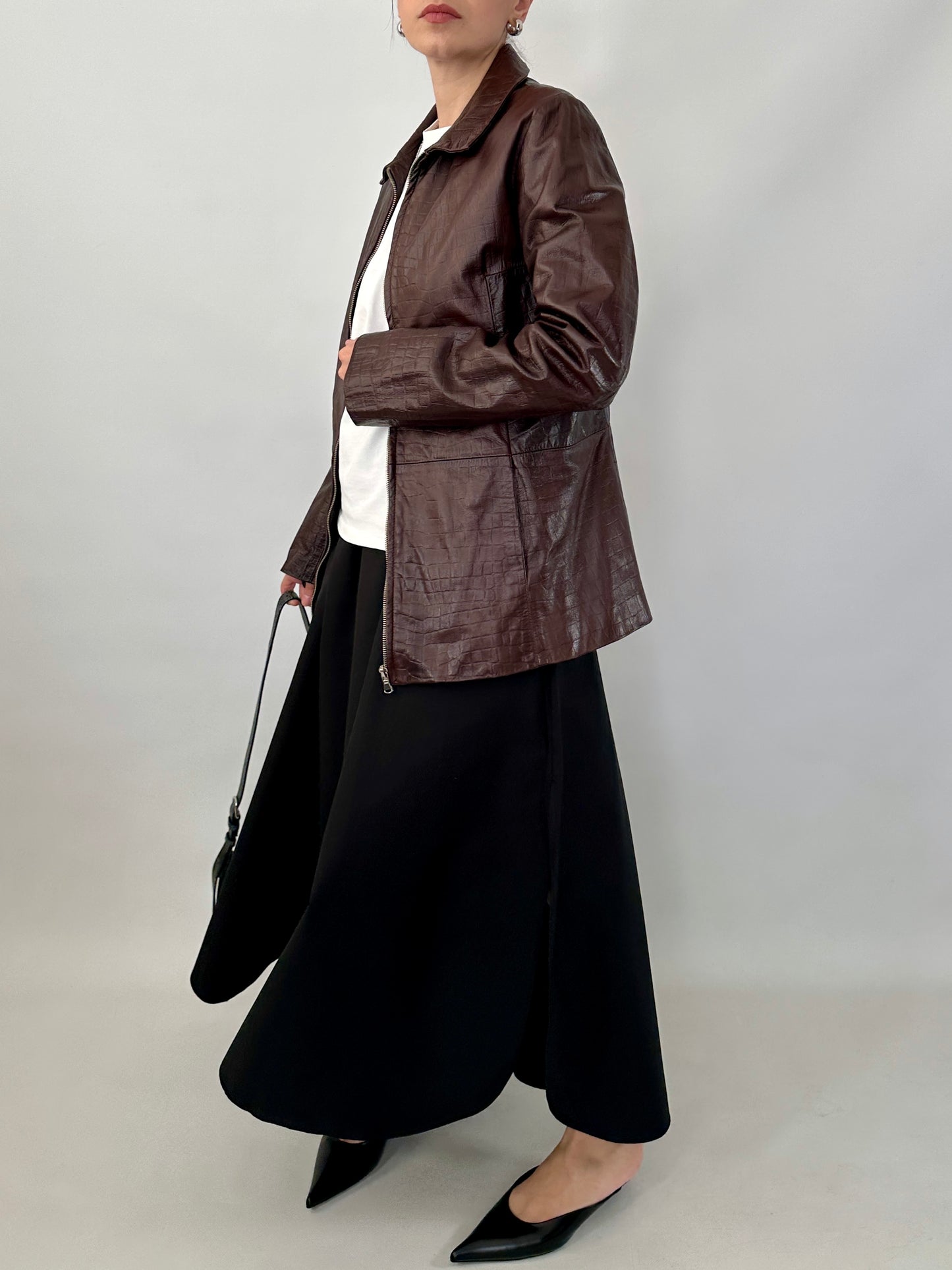 Brown croc-print genuine leather jacket