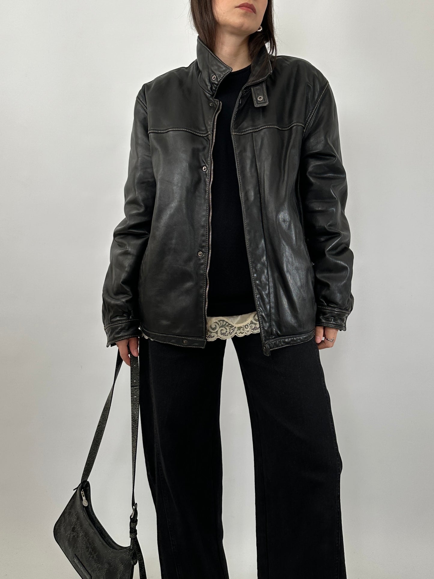 Vintage Leather Jacket with Stand Collar and Contrast Stitching