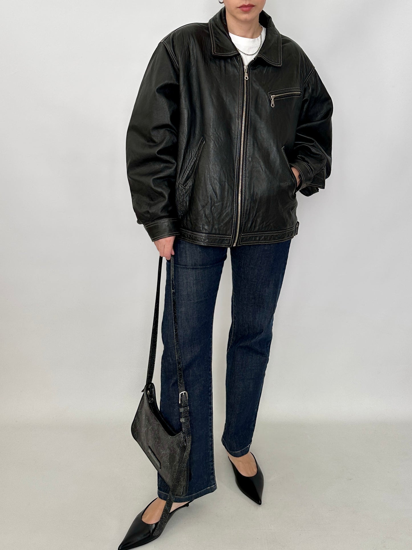 Genuine leather harrington jacket with contrast stitching